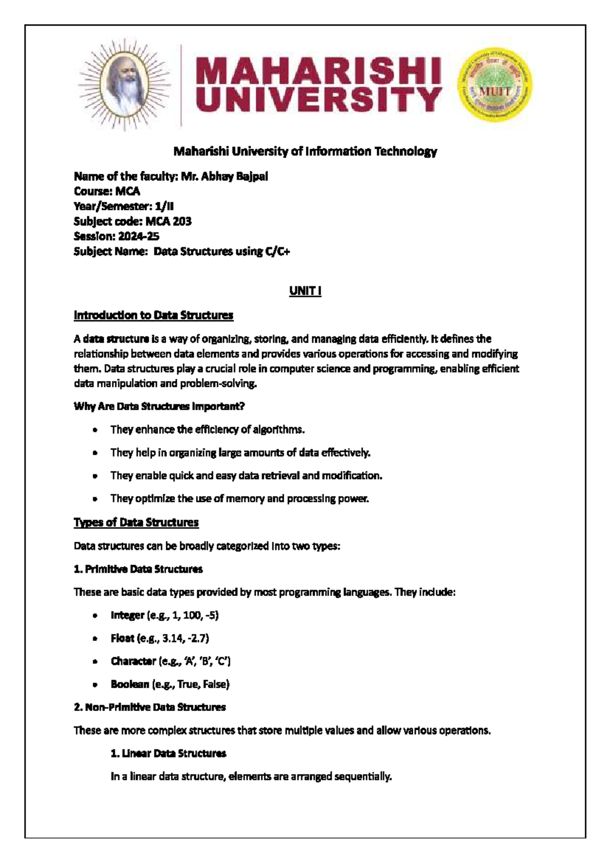 MCA 203: Data Structures - Unit 1 Overview and Key Concepts - Studocu