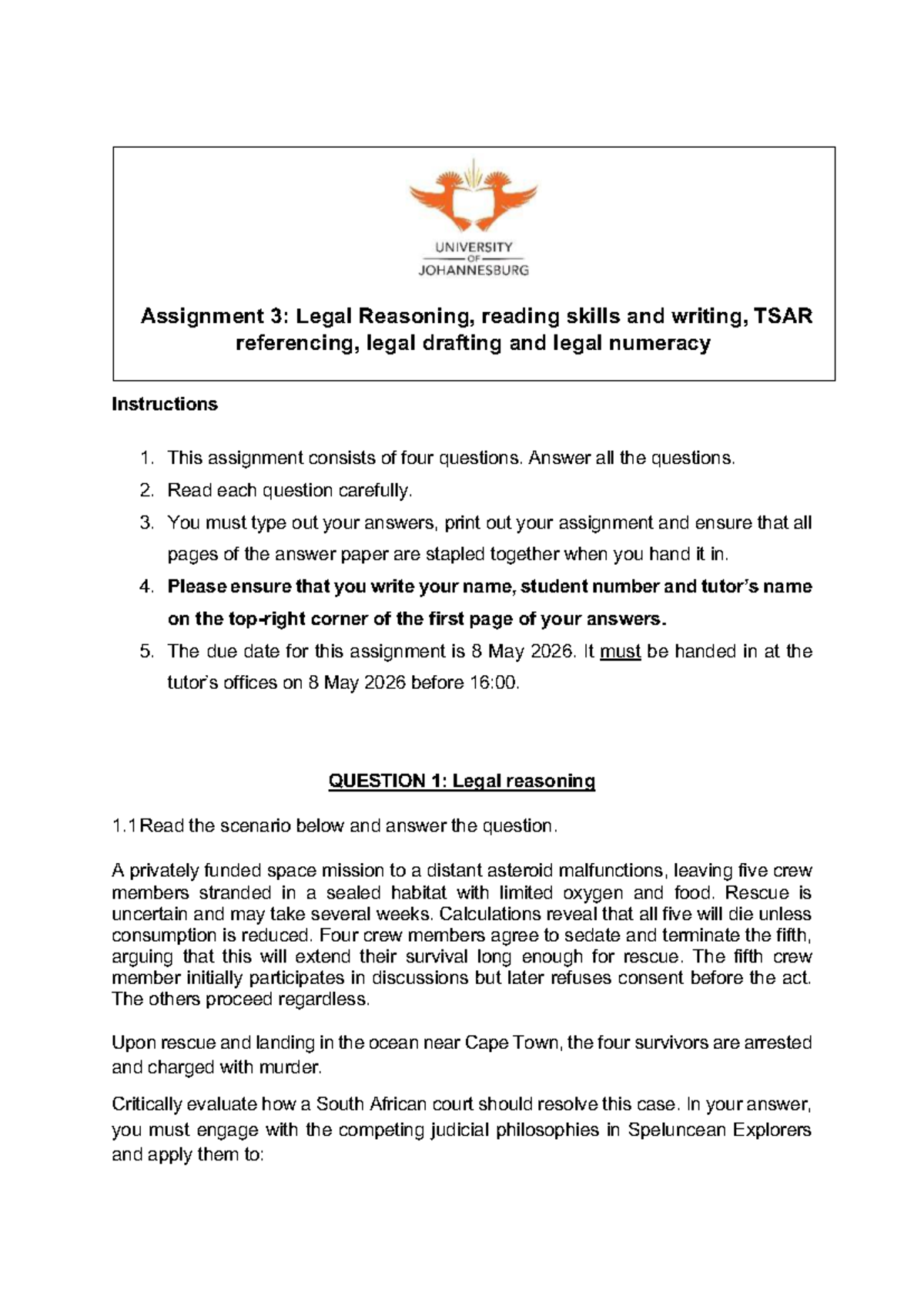 Assignment 3: Legal Reasoning & Skills, TSAR Referencing Guide 2024 ...