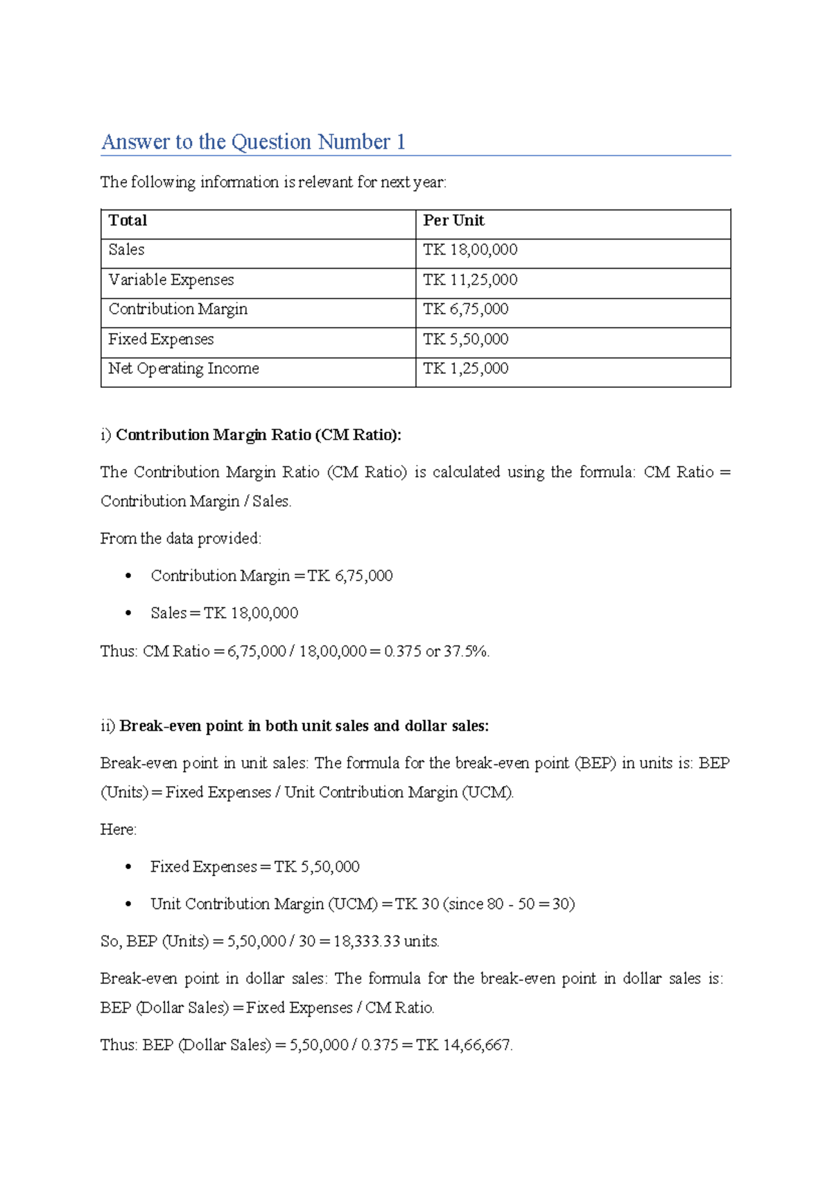 ACN - Analysis of Contribution Margin & Fixed Costs in Assignment - Studocu