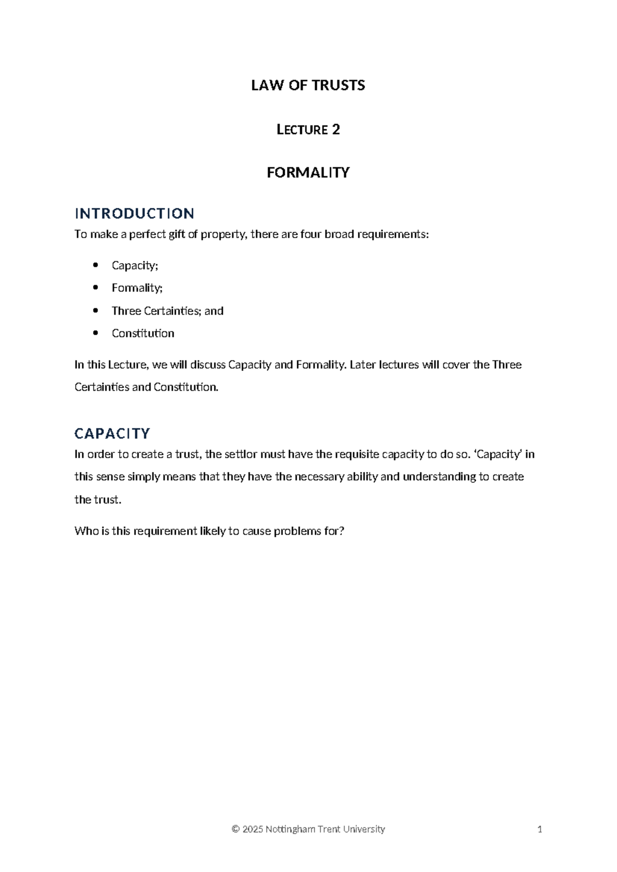 LAW OF TRUSTS LECTURE 2: FORMALITY AND CAPACITY OVERVIEW - Studocu