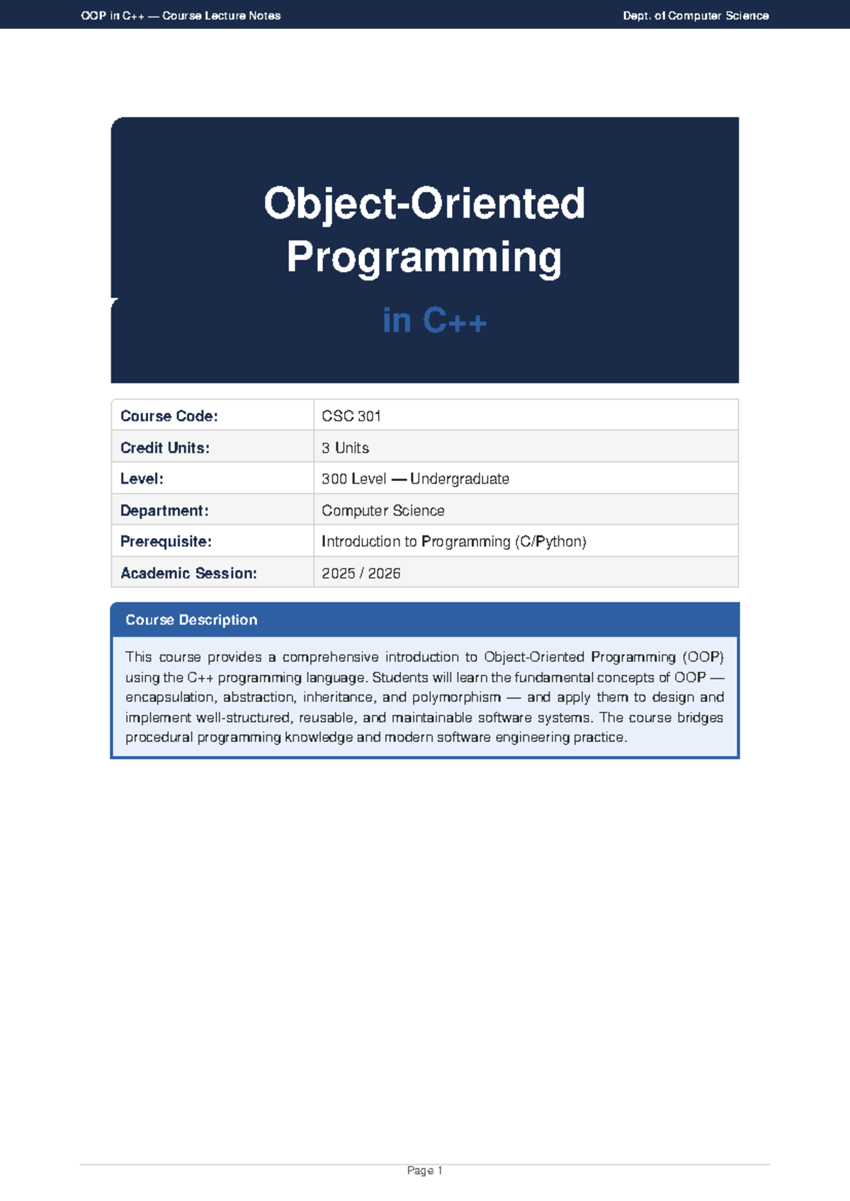 OOP Lecture Notes for CSC 301 - Comprehensive Guide to Programming ...