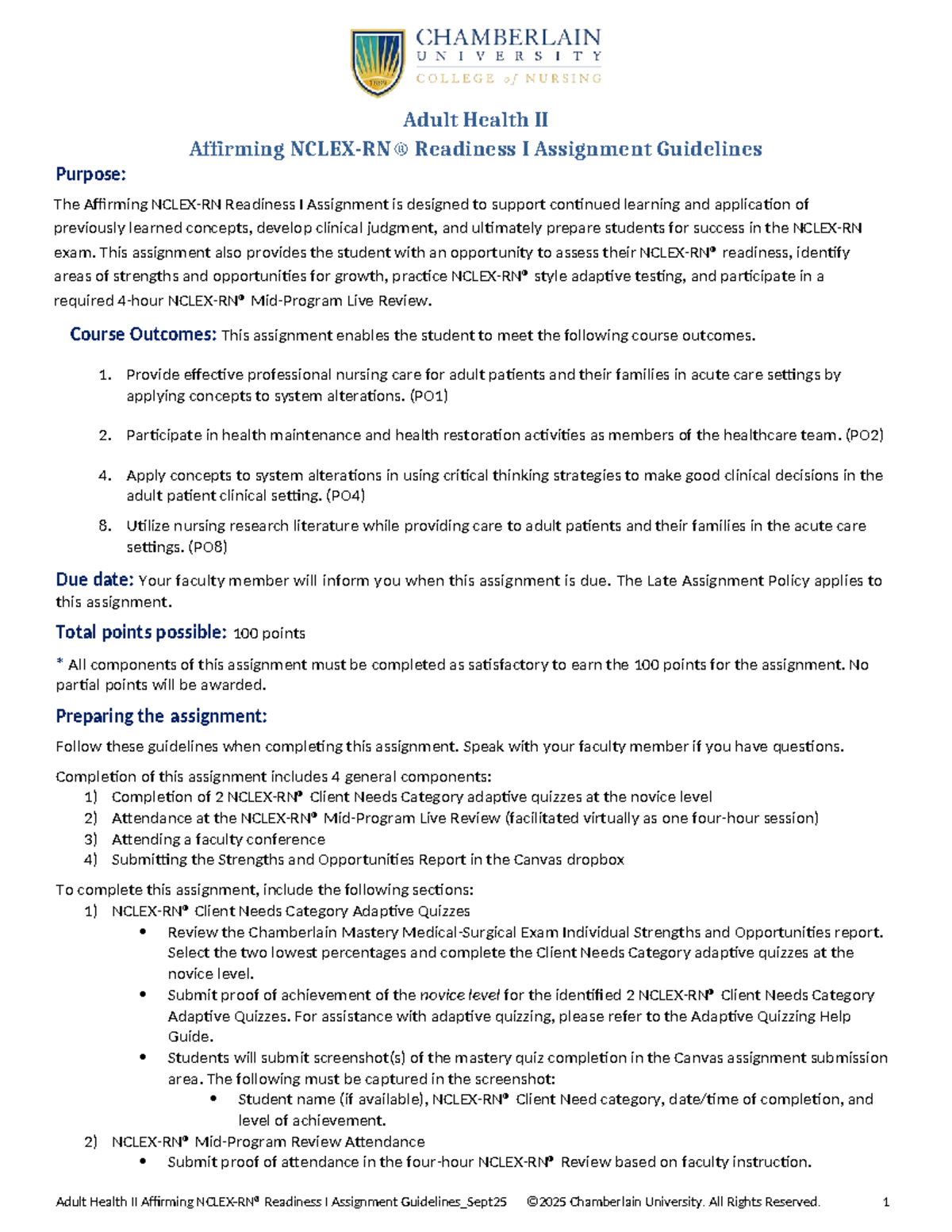 Adult Health II NCLEX Readiness I Assignment Guidelines - Studocu