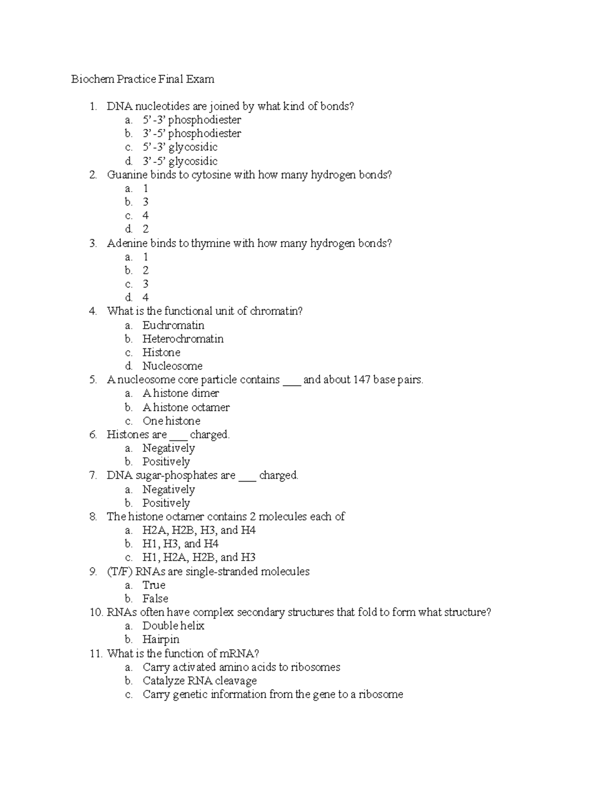 Biochem 101 Practice Final Exam Questions and Answer Key - Studocu