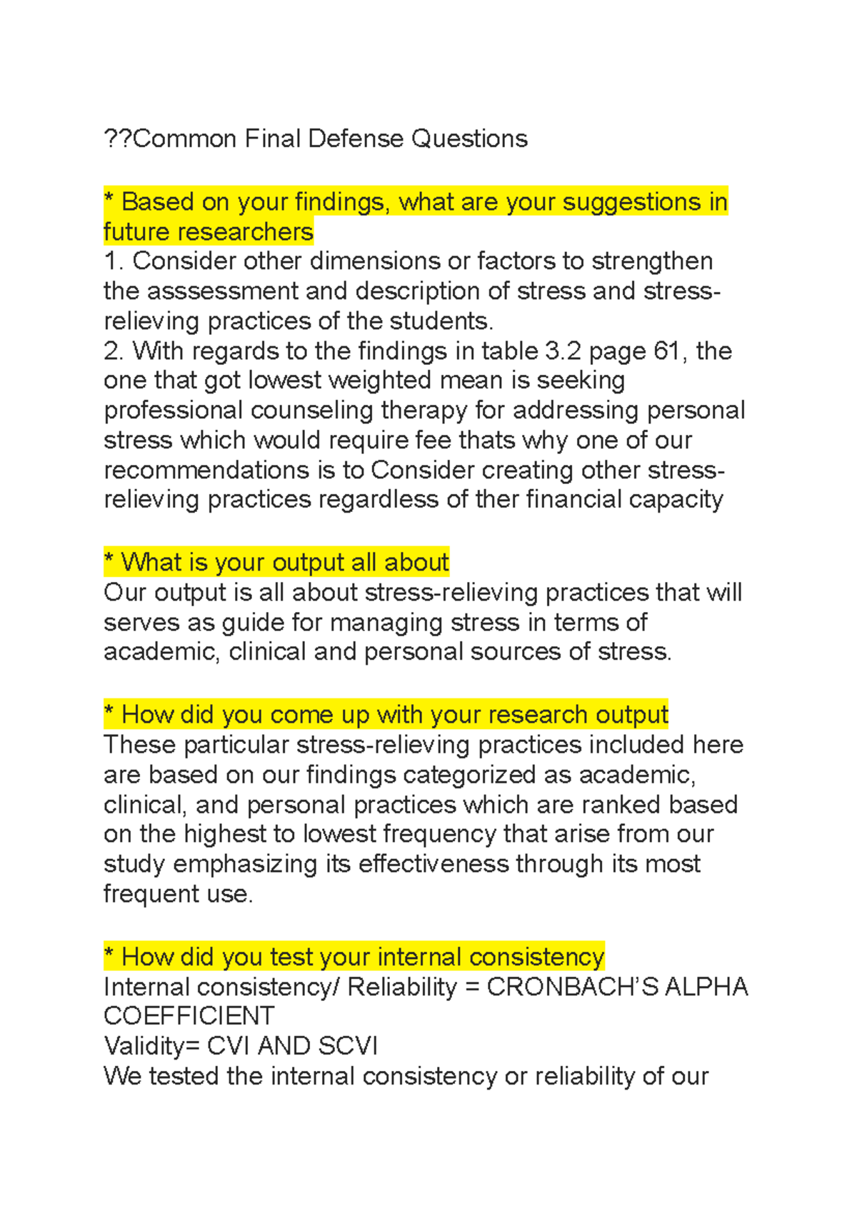 Common Final Defense Questions: Stress Management Practices - Studocu