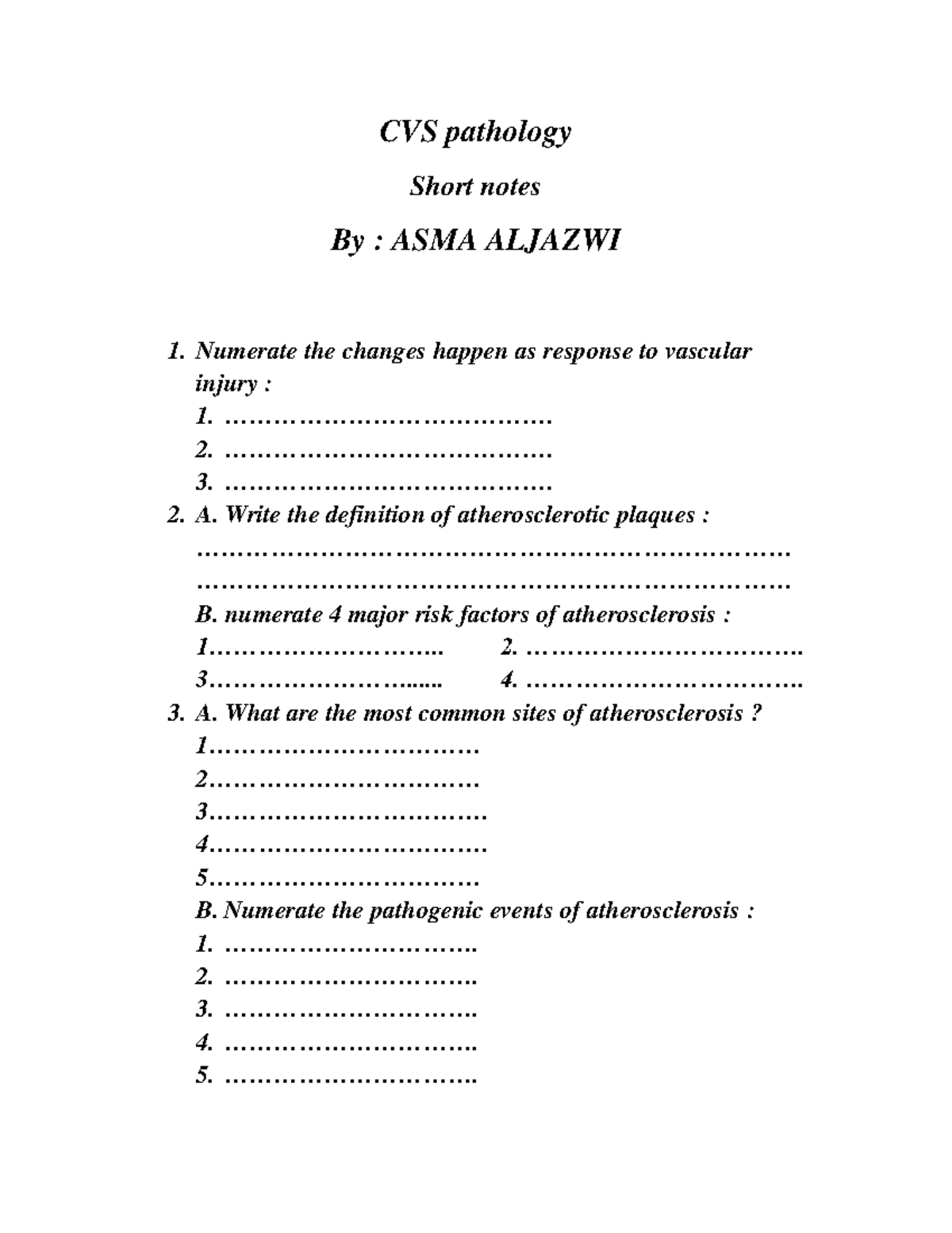 CVS pathology short notes: key concepts and definitions - Studocu