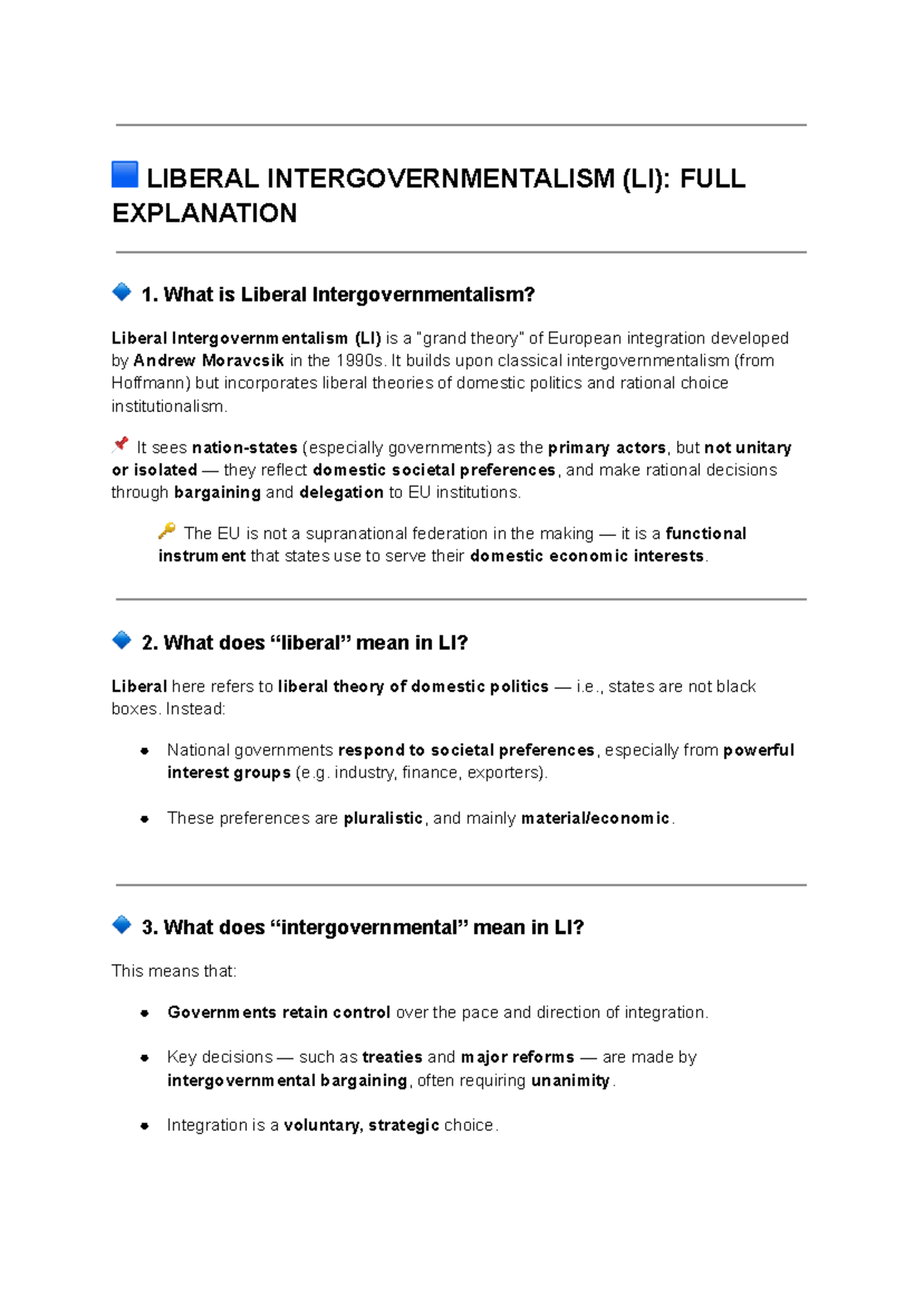 Liberal Intergovernmentalism (LI): Key Concepts in EU Theories - Studocu