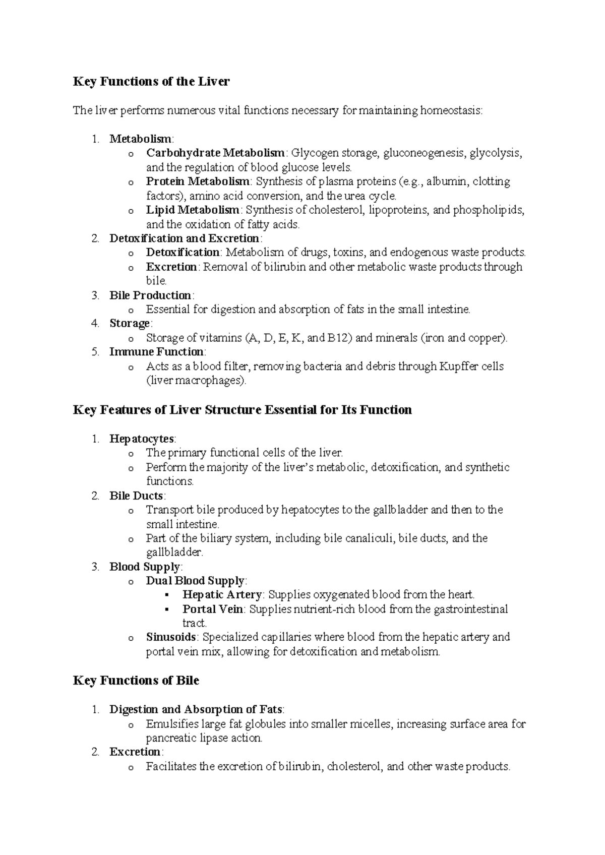 Lecture notes - Key Functions of the Liver The liver performs numerous ...