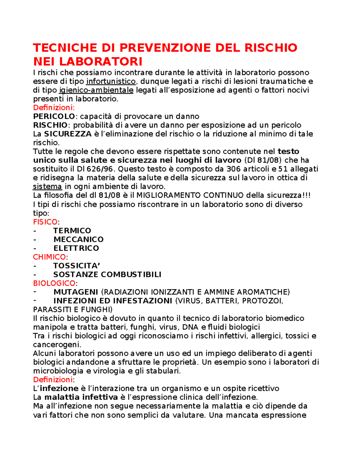 Tecniche di Prevenzione del Rischio Biologico in Laboratorio - Studocu