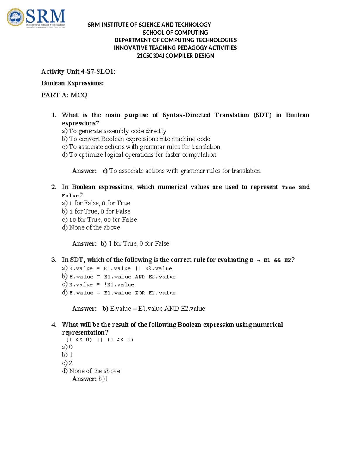 21CSC304J Compiler Design: Boolean Expressions MCQs and Answers - Studocu