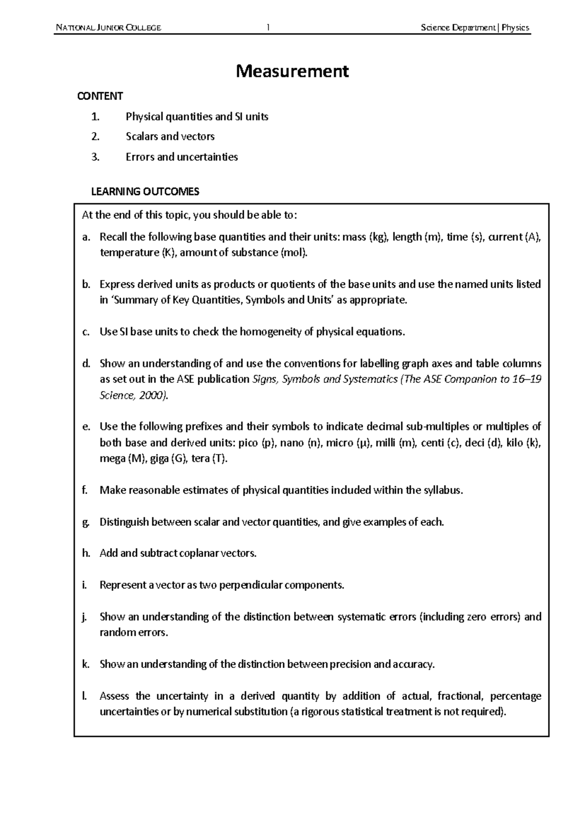 NJC 1 Physics Measurement Notes: Scalars, Vectors & Errors - Studocu