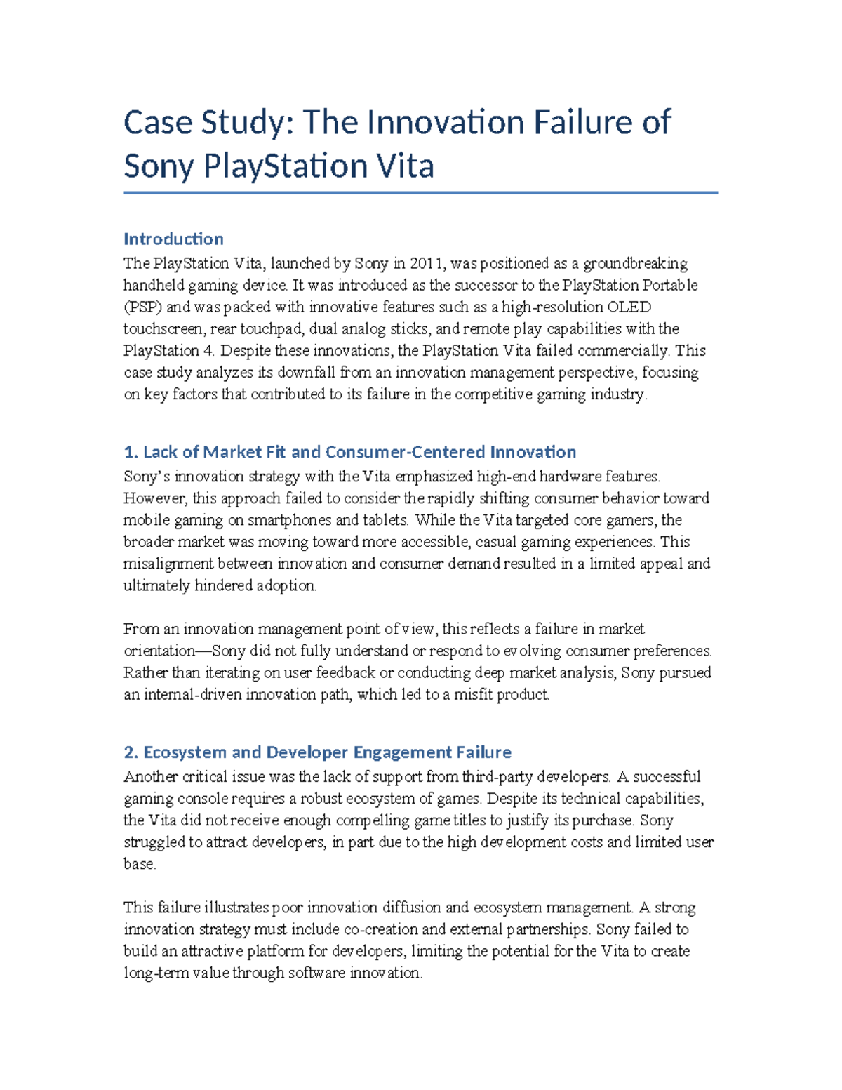 Case Study: Innovation Failures of Sony PlayStation Vita Analysis - Studocu