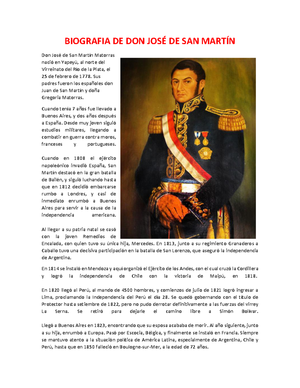 BIOGRAFÍA DE DON JOSÉ DE SAN MARTÍN - HISTORIA ARGENTINA - Document Preview