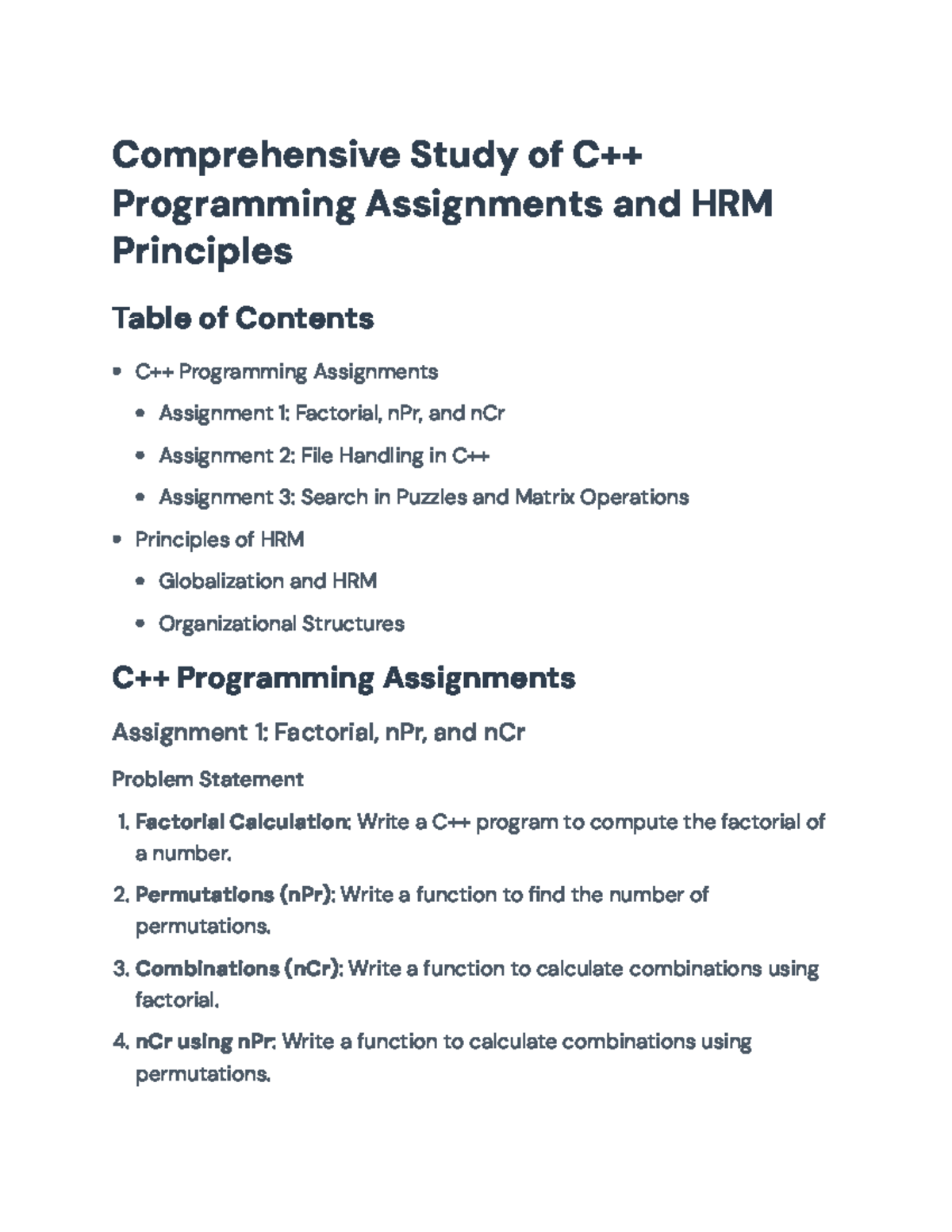 C++ Programming Assignments and HRM Principles Overview - Comprehensive ...