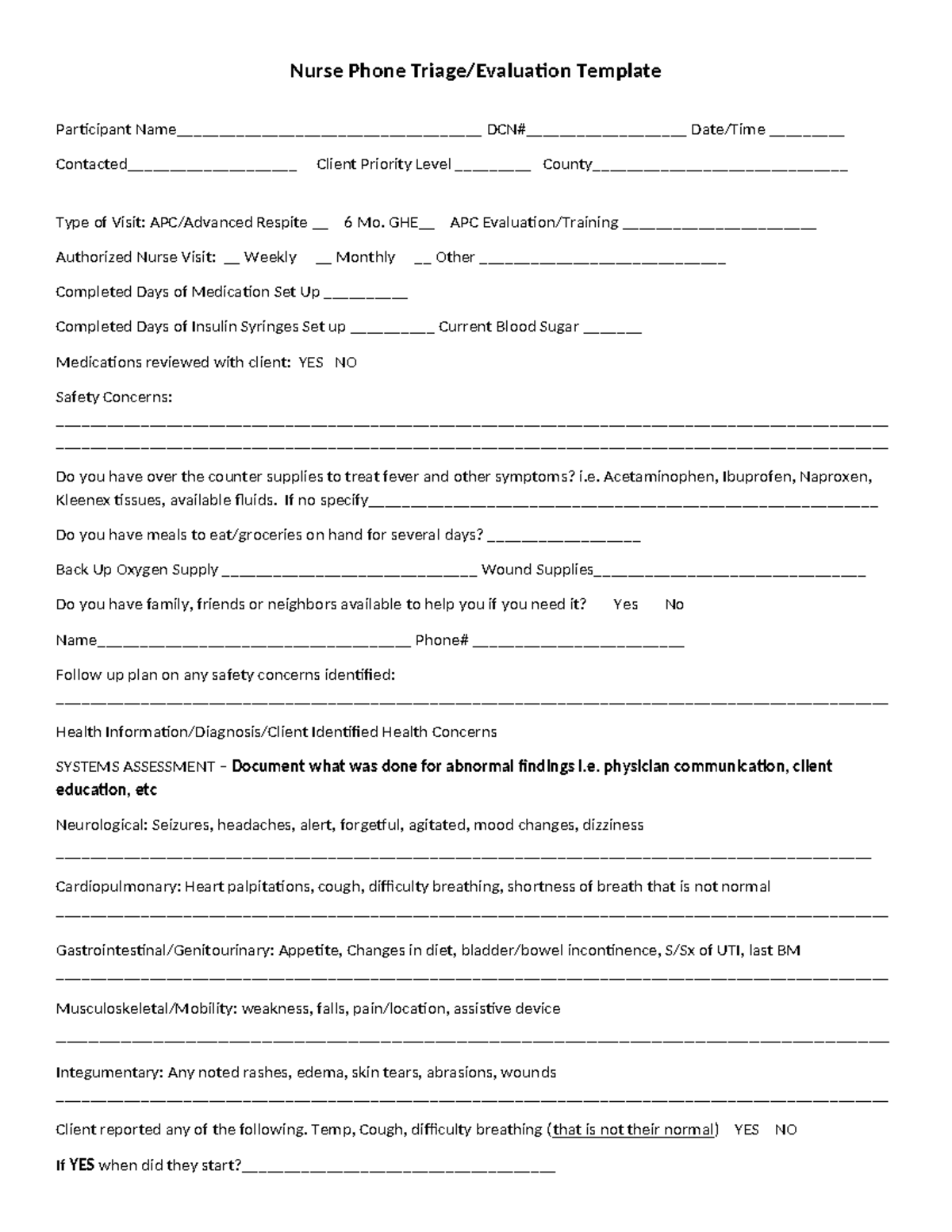 Nurse Triage Template: Client Priority Level & Visit Type GHE APC - Studocu