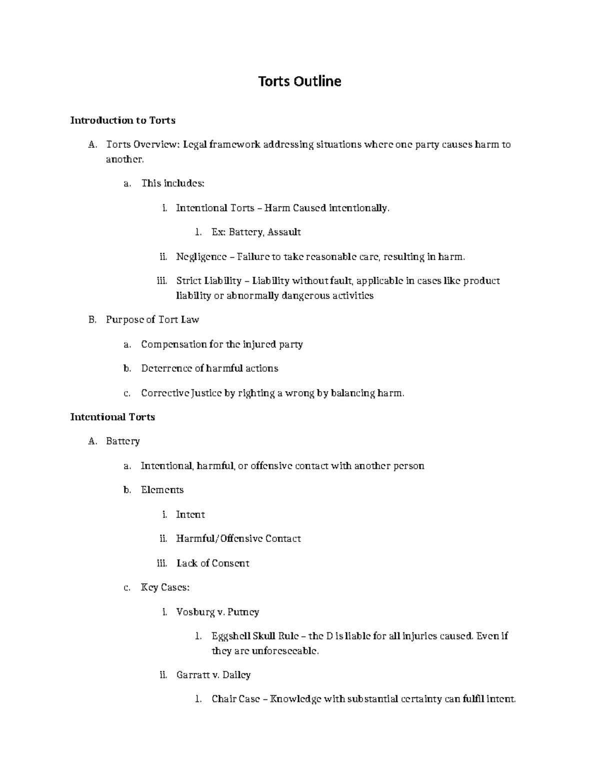 Torts Outline for Law 101 - Fall 2024: Key Concepts & Cases - Studocu