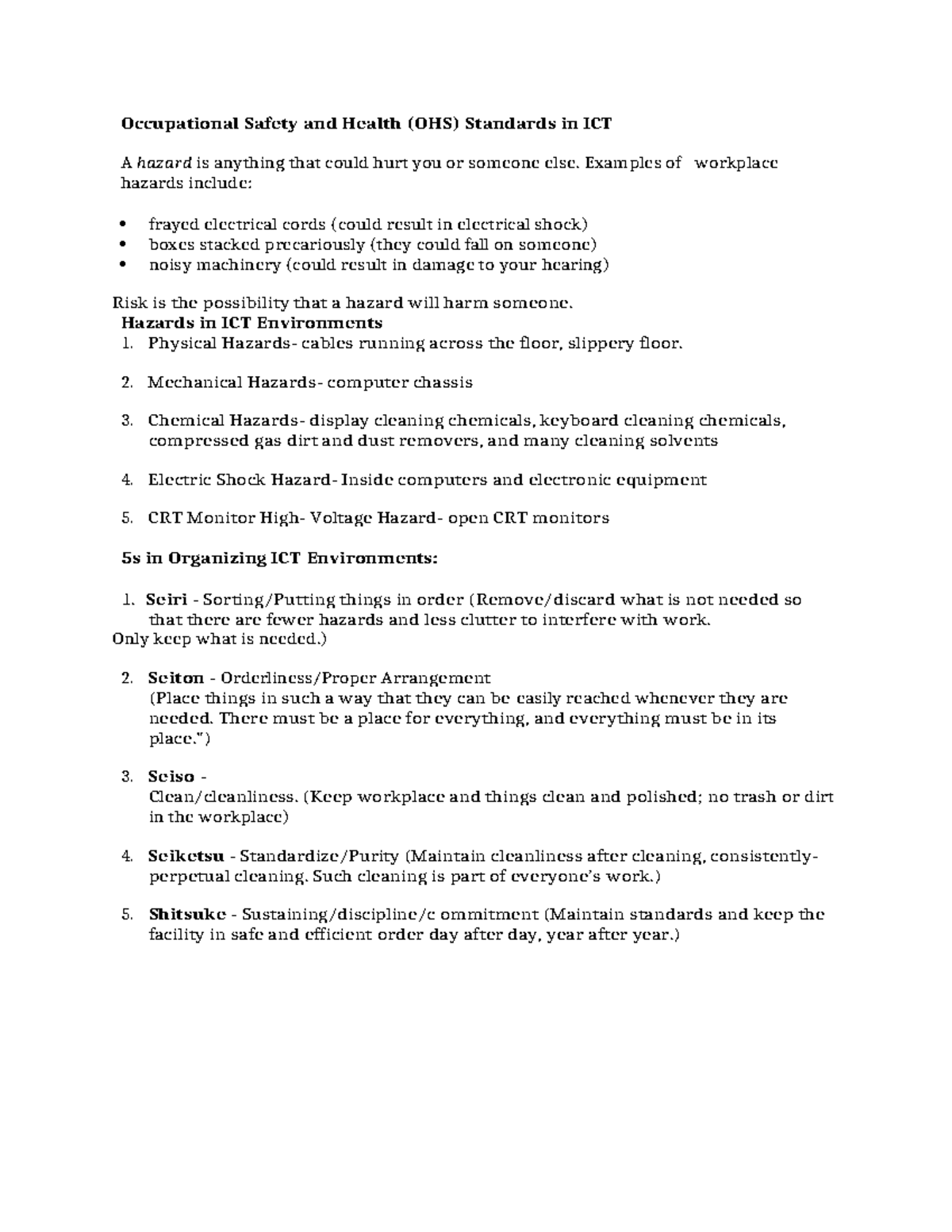 OHS Standards in ICT: Day 5 Safety Hazards and Solutions - Studocu