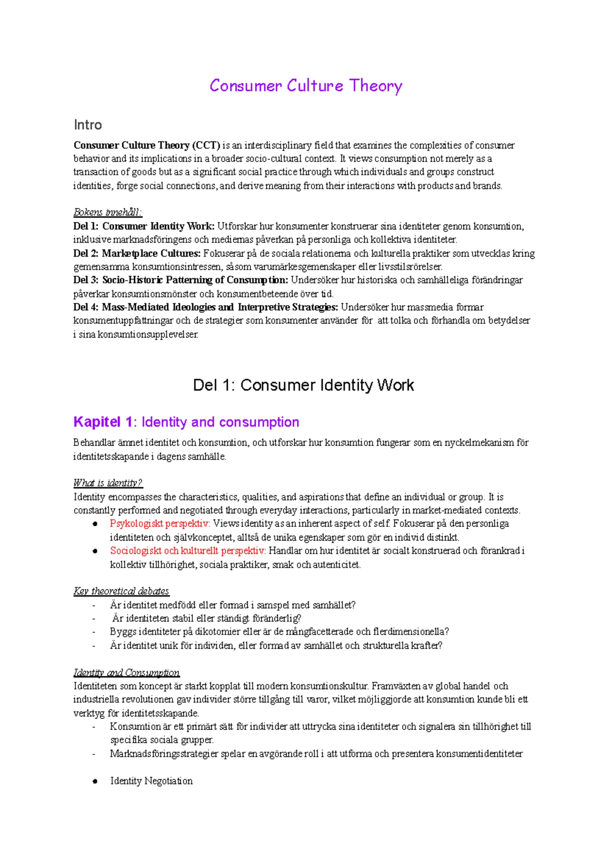 CCC - Summary of Consumer Culture Theory Concepts and Discussions