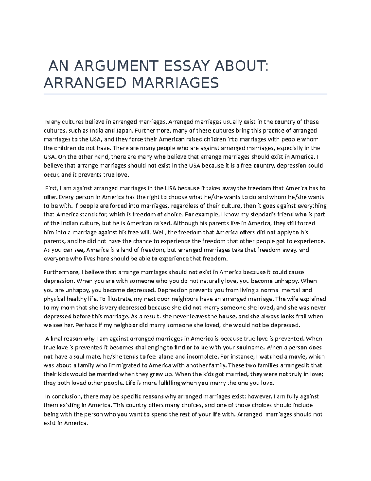 Argument Essay on Arranged Marriages - ENGL 101 - Studocu