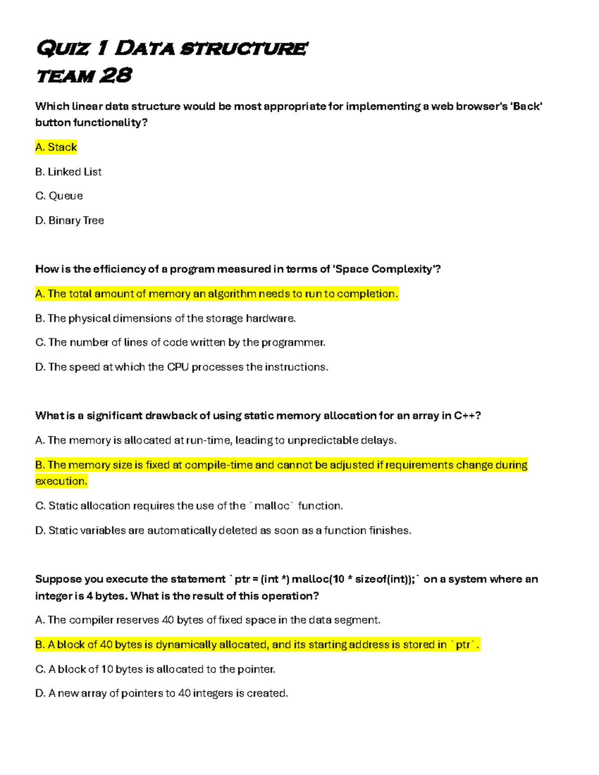Quiz 1: Data Structures - Team 28 Insights and Concepts - Studocu