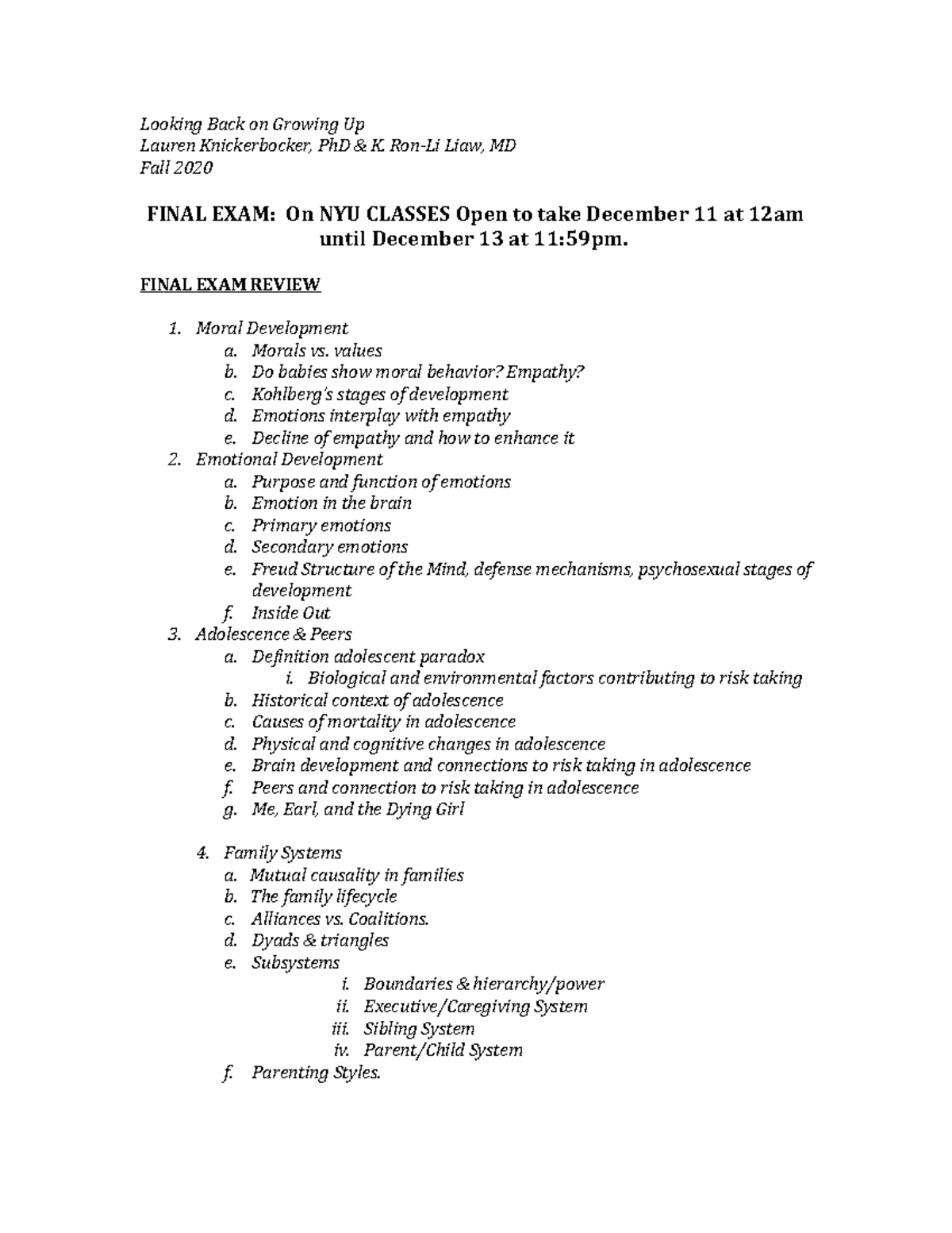 Final Exam Study Guide Fall 2020 - Looking Back on Growing Up Lauren ...