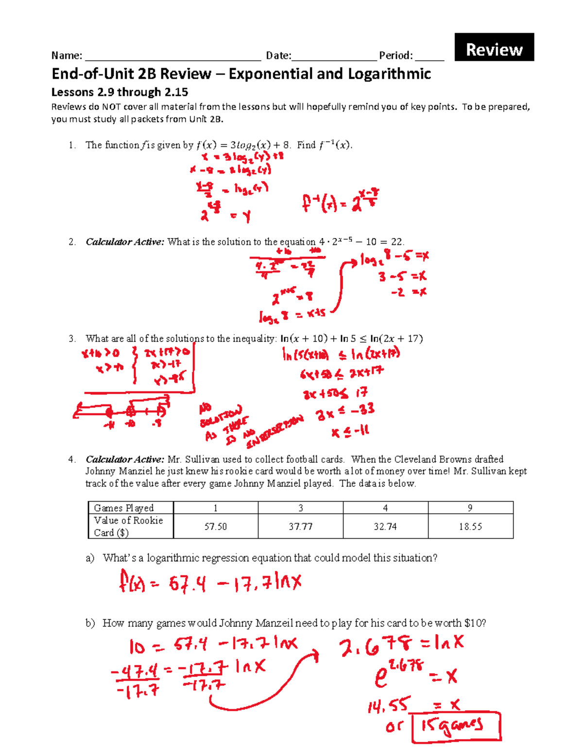 Appc Unit 2B Review Solutions: Exponential and Logarithmic Functions ...