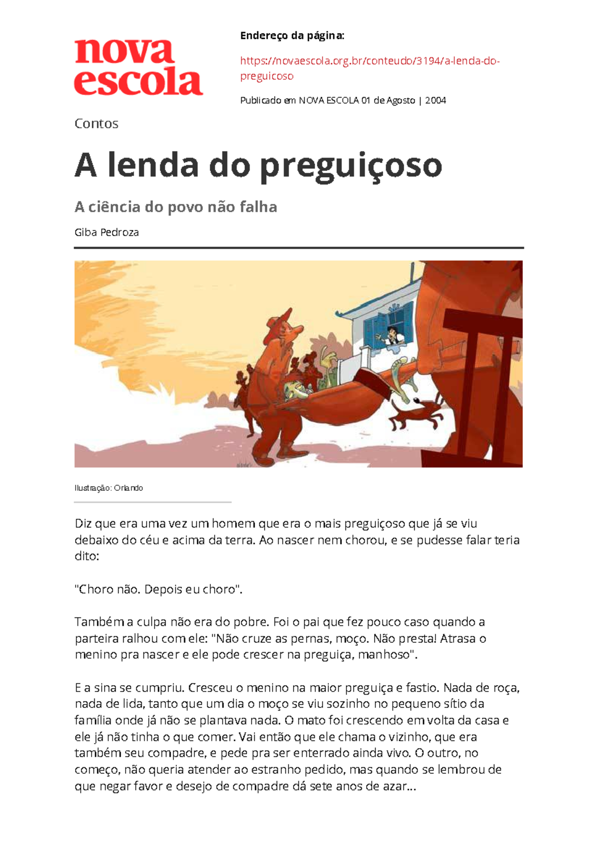 A Lenda do Preguiçoso: Conto Popular de Giba Pedroza - Studocu