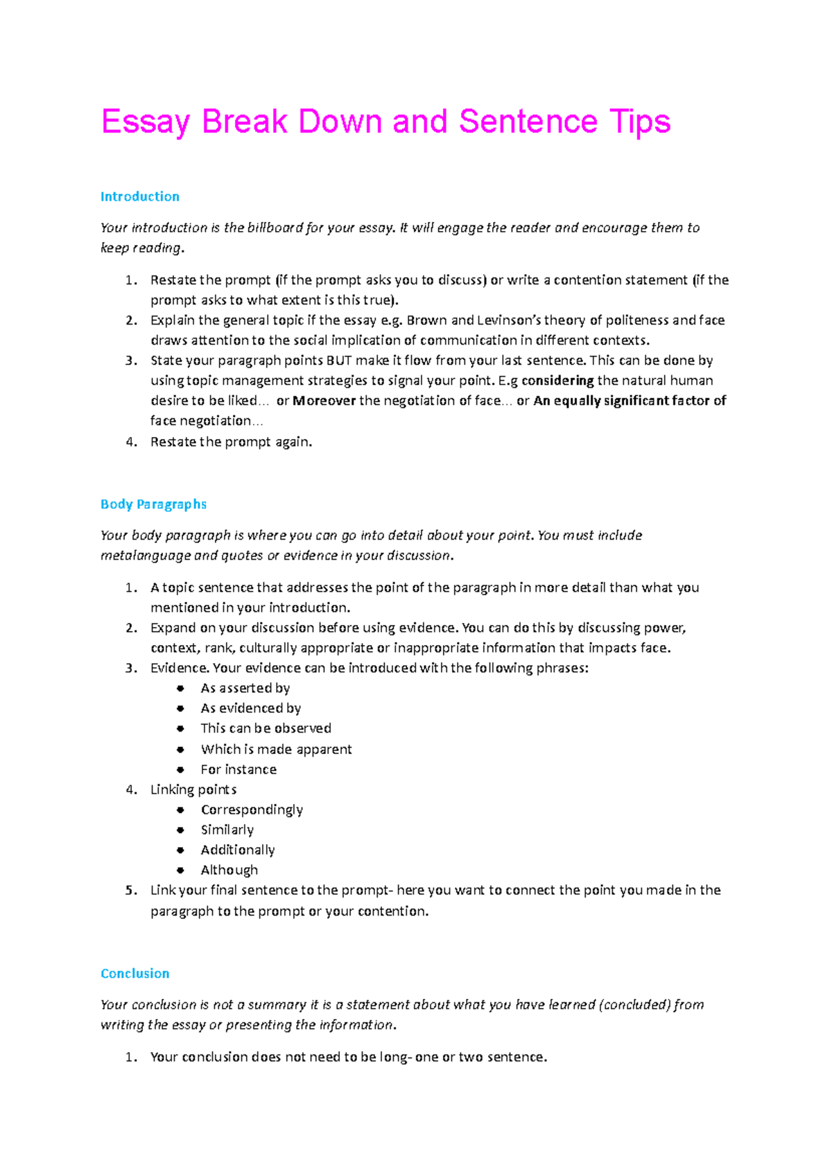 Essay Breakdown & Sentence Tips for Effective Writing - Studocu