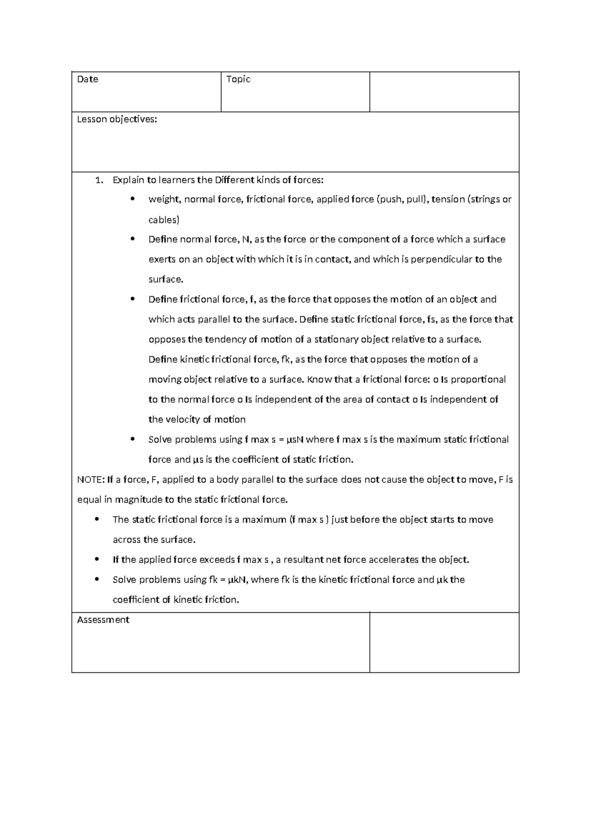 Grade 12 Physics Lesson Plans: Forces, Motion, and Energy Concepts ...