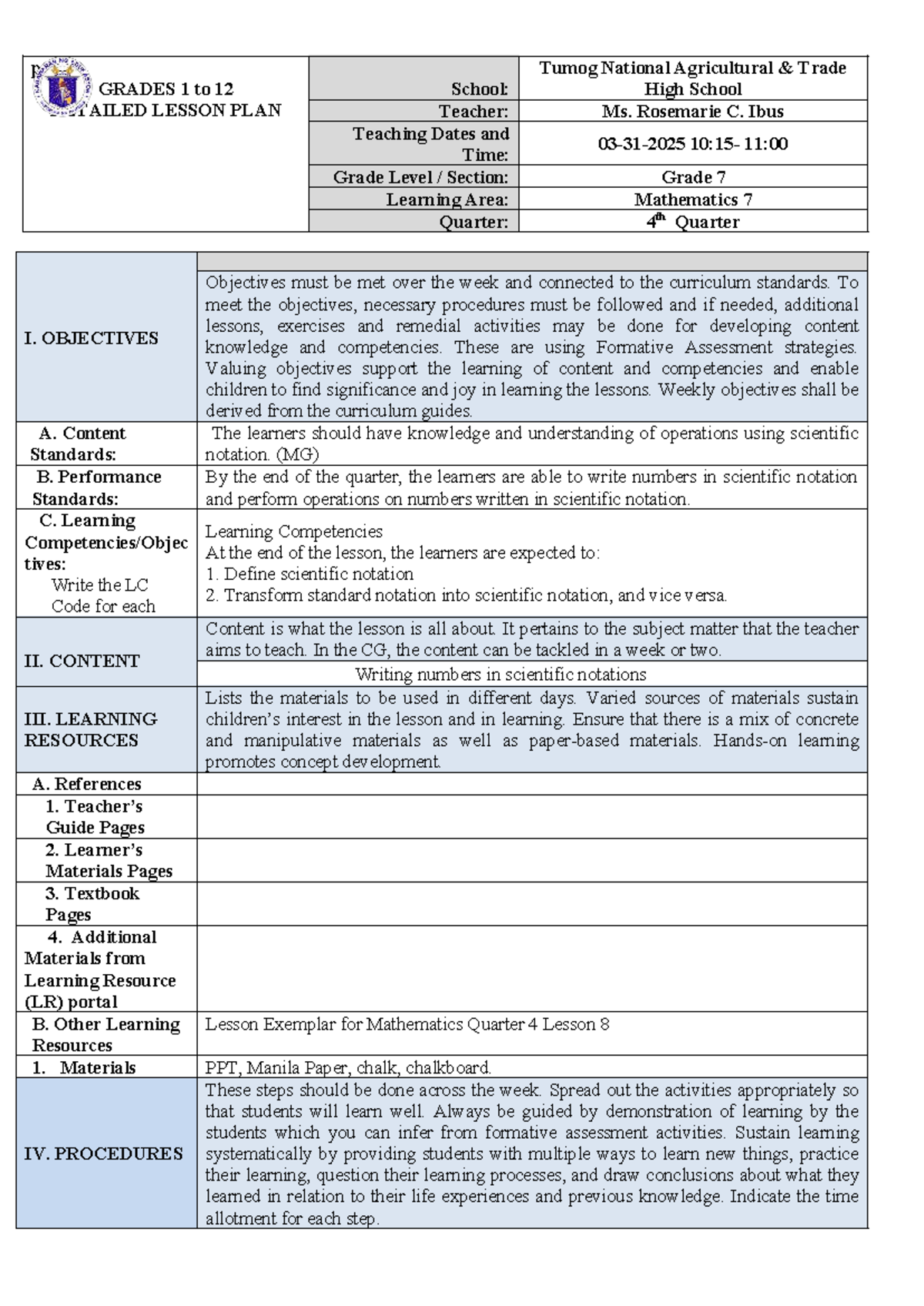 Grade 7 Mathematics Lesson Plan: Scientific Notation (4th Quarter ...