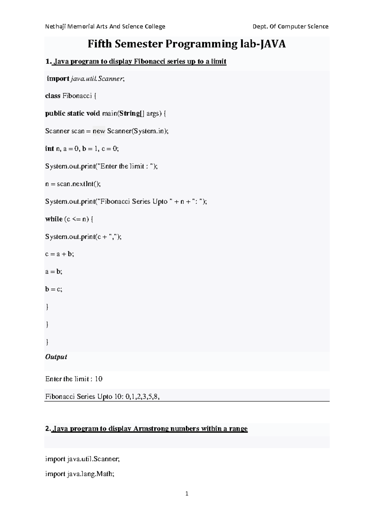 Java programs 2022 - Fifth Semester Programming lab-JAVA 1. Java ...