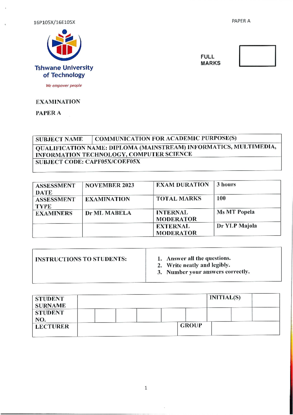 Communication for Academic Purposes Exam Paper A - November 2023 - Studocu