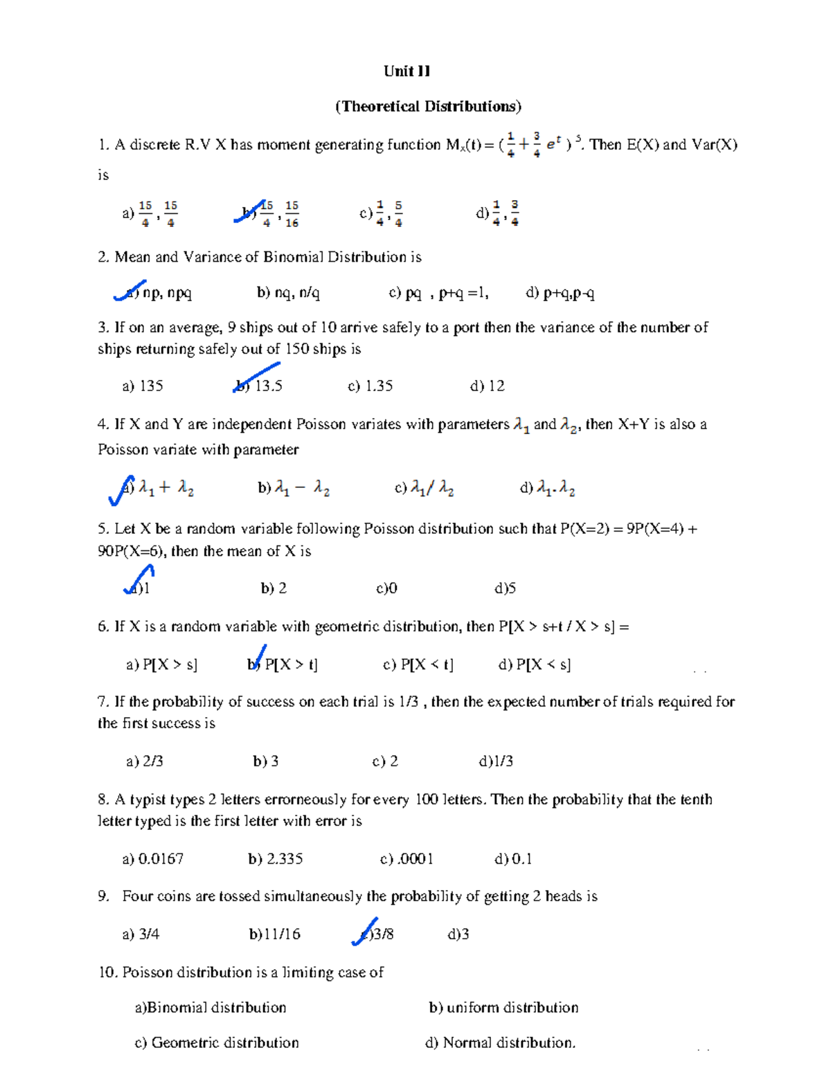 PQT Unit II MCQ: Theoretical Distributions Practice Questions - Studocu