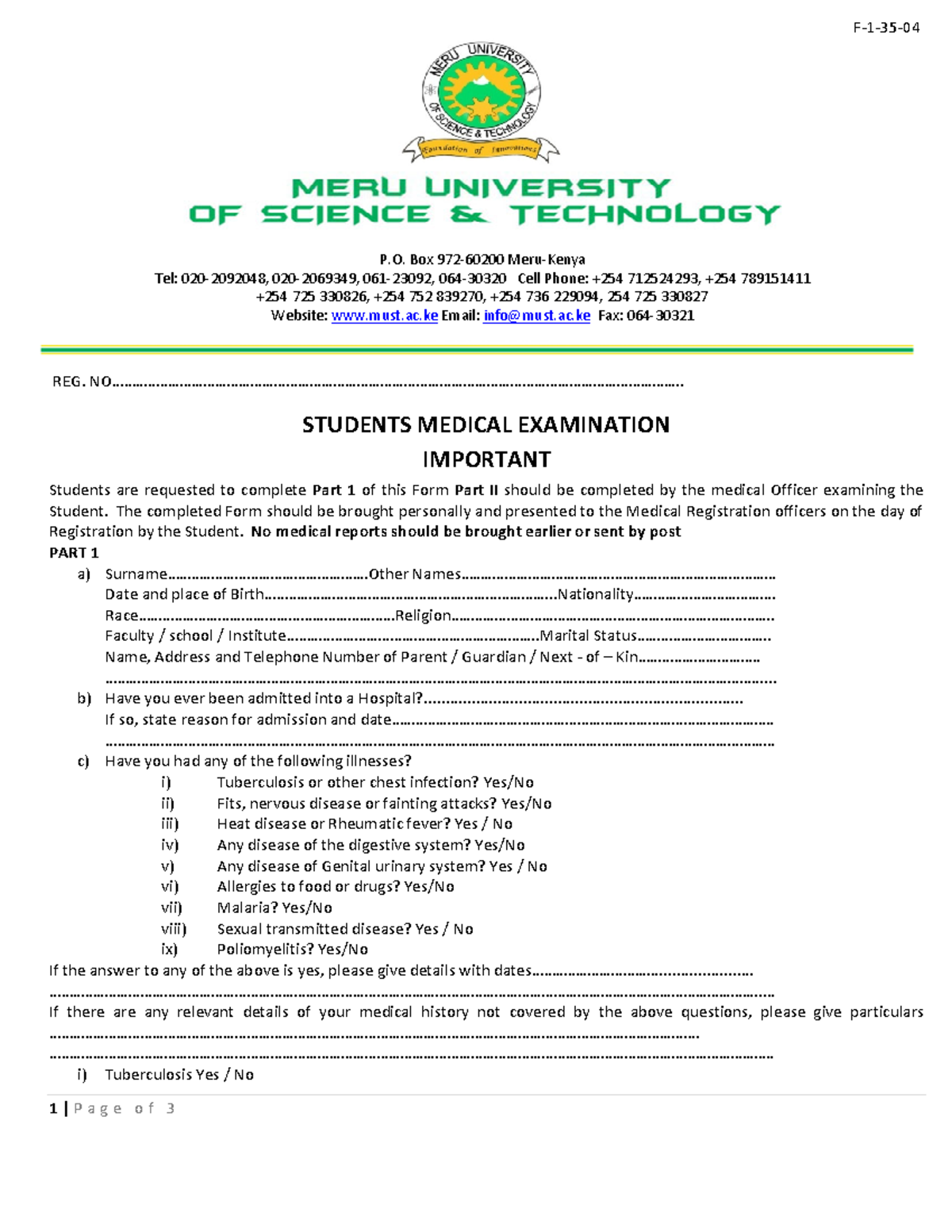 F 1 35 04 - Student Medical Examination Form Guide - Studocu
