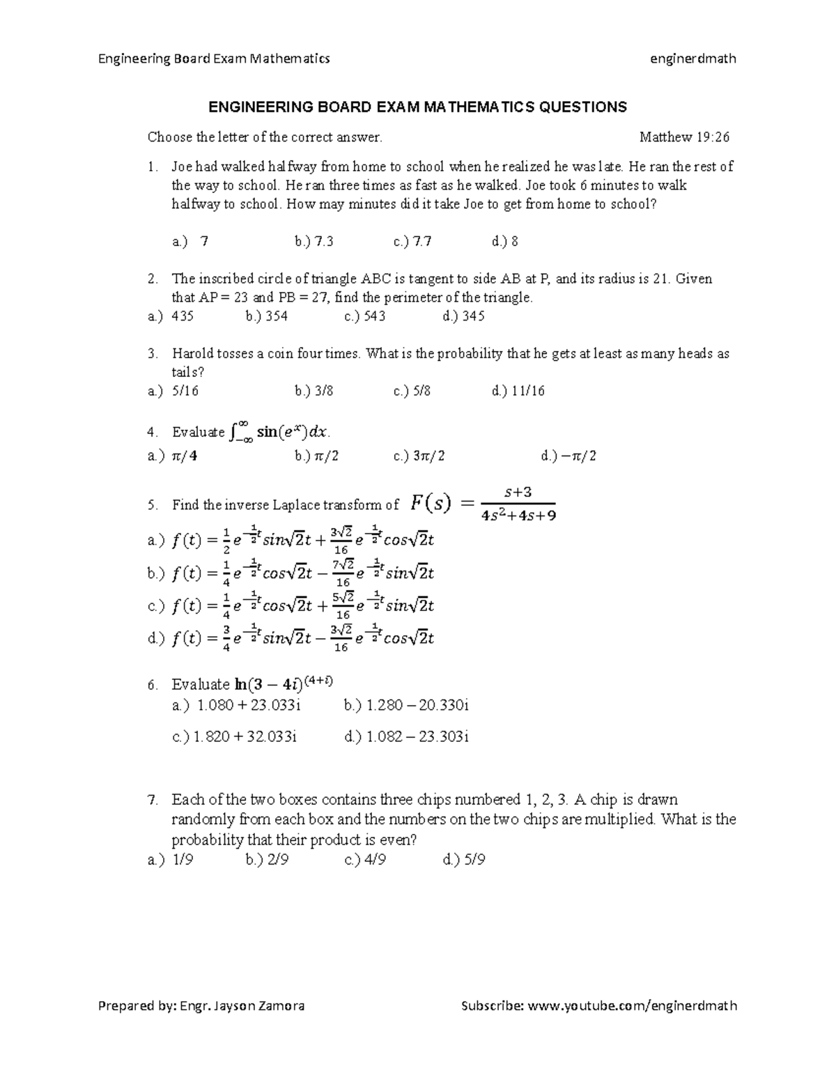 Engineering Board EXAM MATH - ENGINEERING BOARD EXAM MATHEMATICS ...