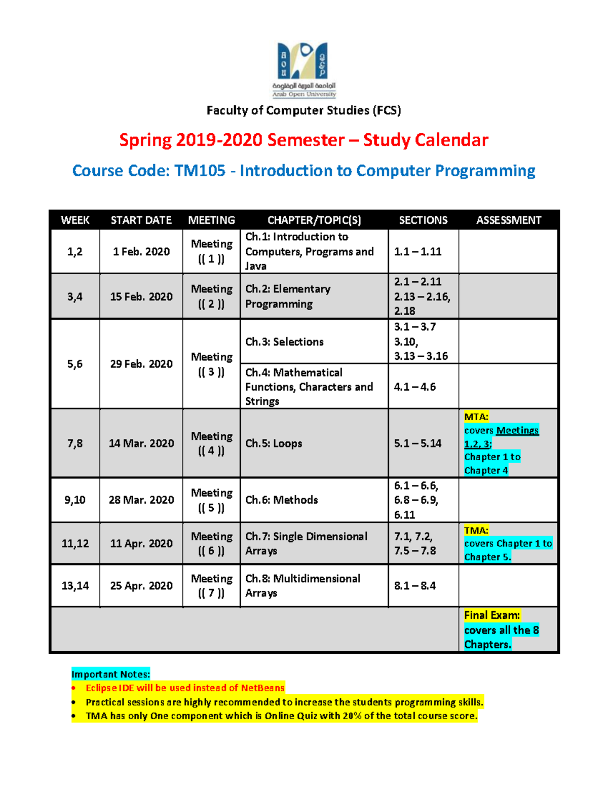 TM105 Course Calendar - 2019-2020 Spring - Faculty of Computer Studies ...
