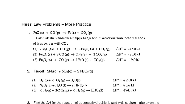 Hess's Law Worksheet Problems: Enthalpy Calculations - Studocu