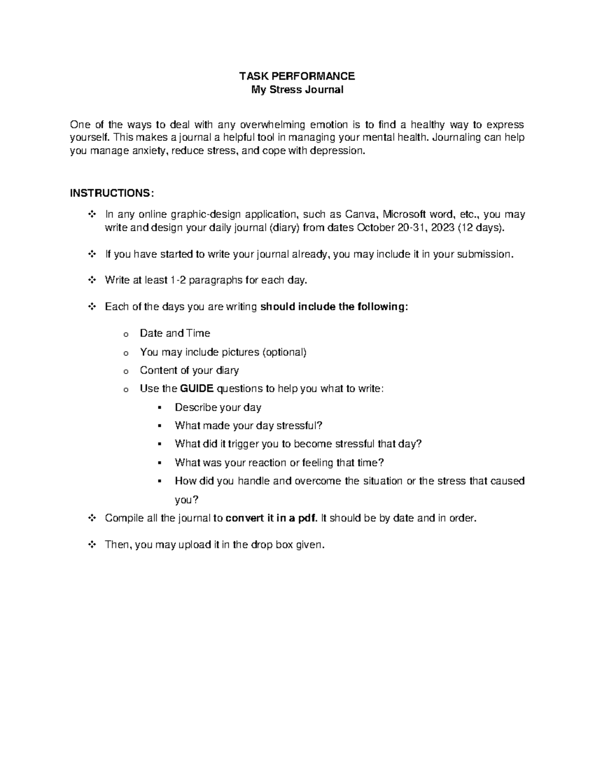 TASK Performance E1-MID(10) Euthenics - TASK PERFORMANCE My Stress ...