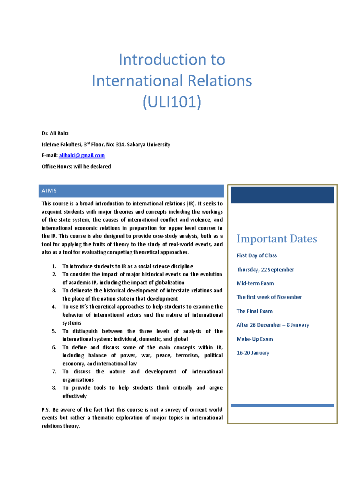 Introduction to International Relations ULI101: Course Overview ...