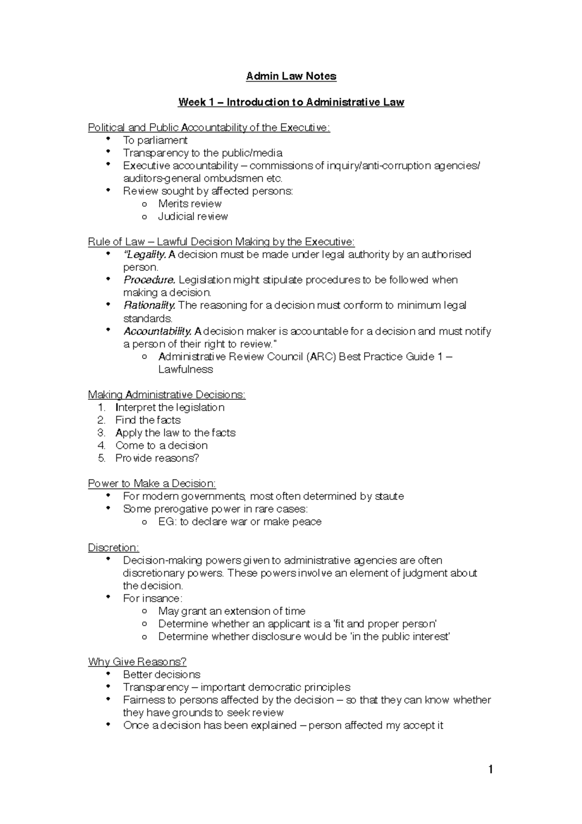 Admin Law Notes - Admin Law Notes Week 1 – Introduction to ...