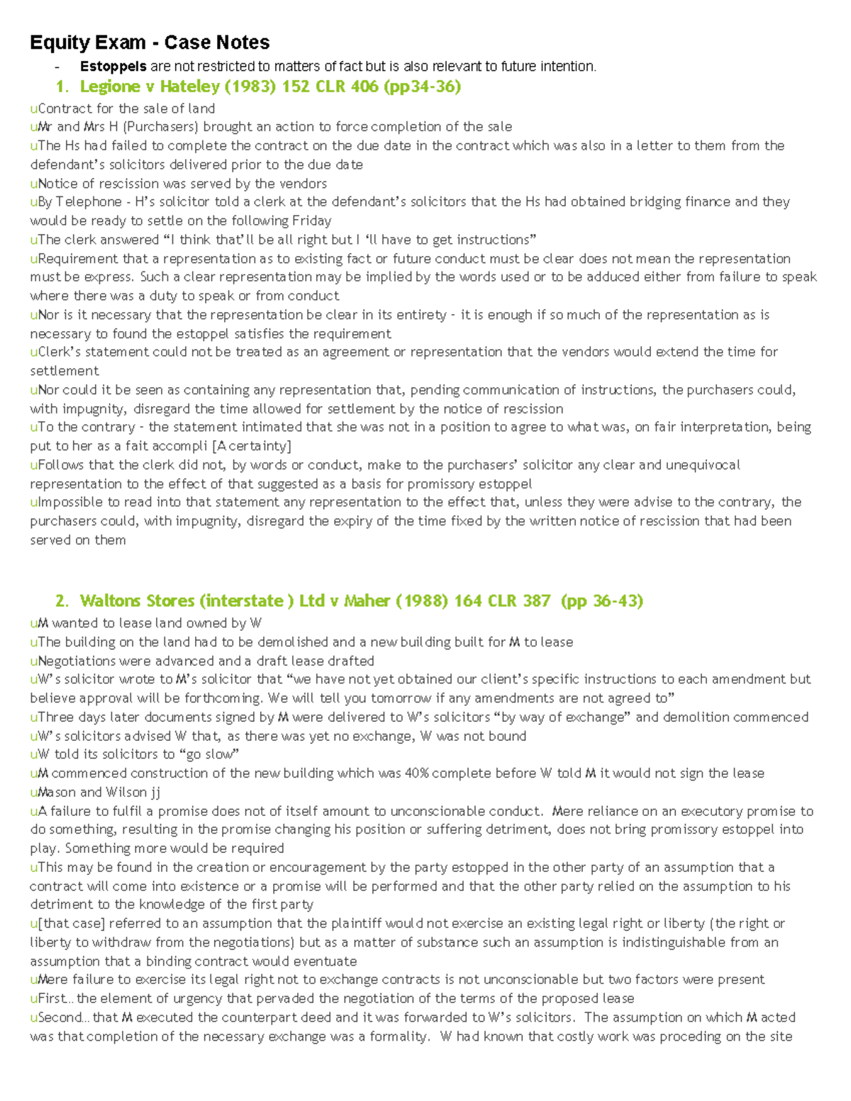 Equity Law Exam Case Notes - Important Precedents and Concepts - Studocu