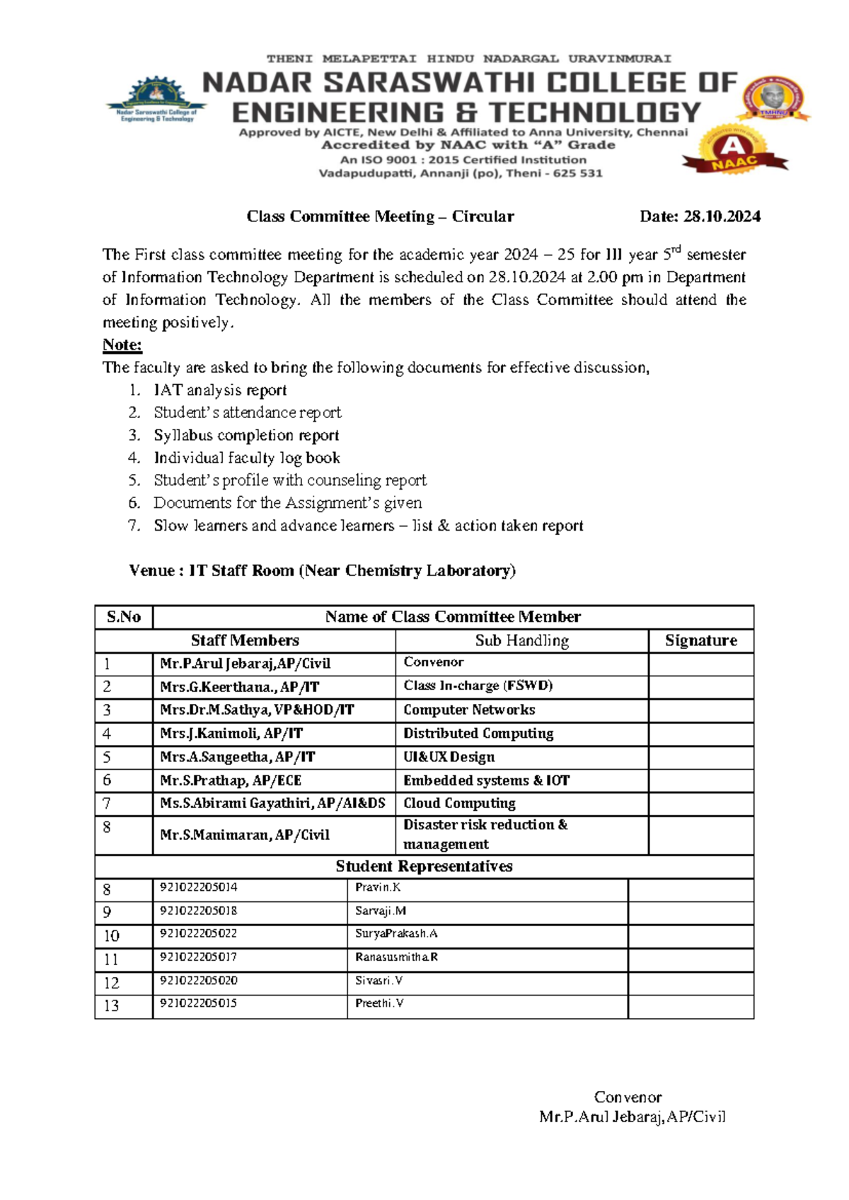 CCM IT - full notes - Class Committee Meeting – Circular Date: 28 .10 ...