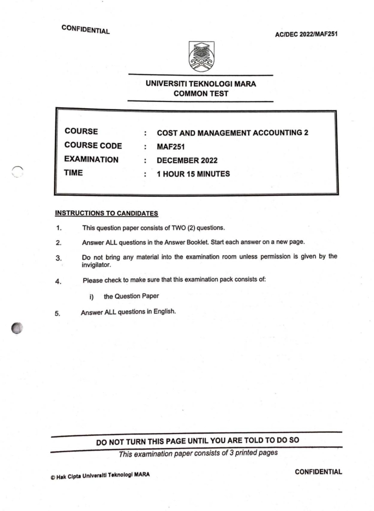 CT MAF251 Common Test: Cost & Management Accounting Dec 2022 - Studocu