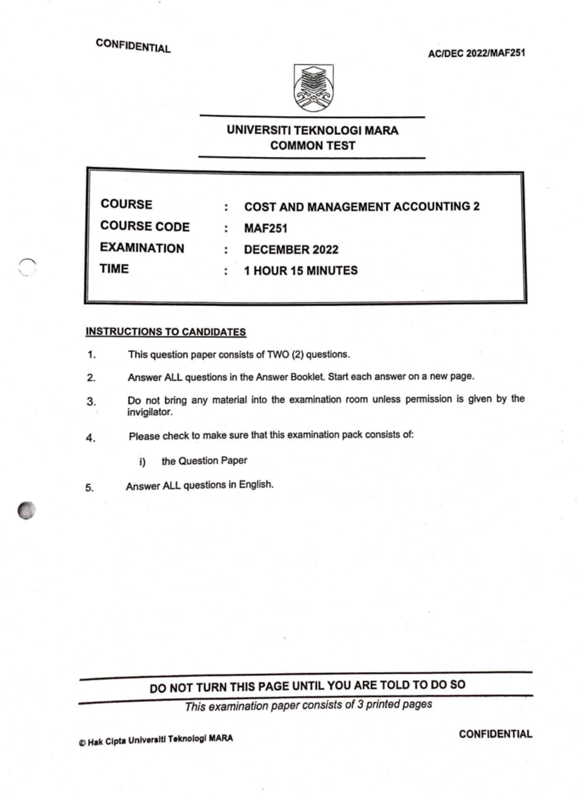 MAF251 Test 2: Cost & Management Accounting Exam - May 2024 - Studocu