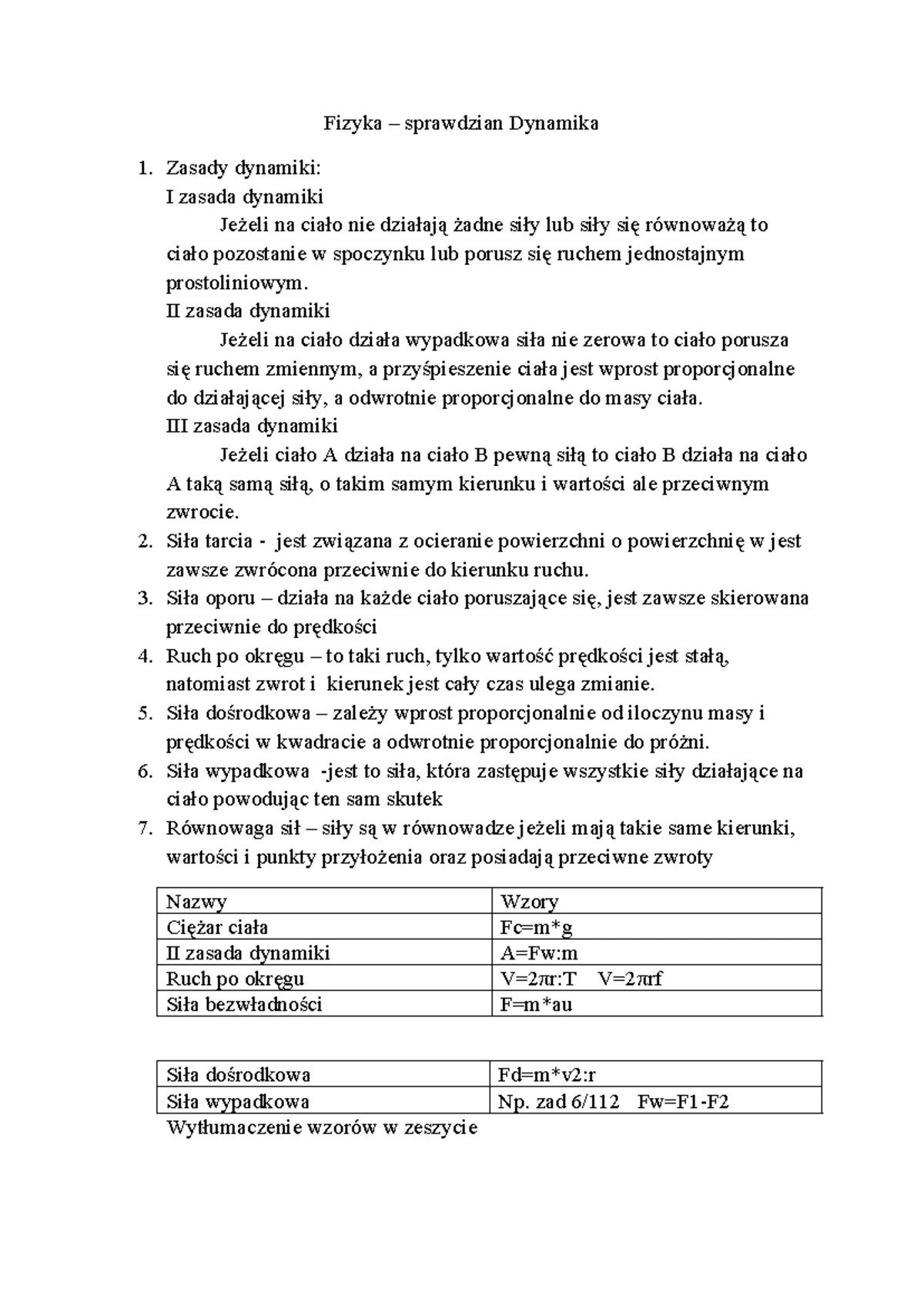 Sprawdzian Klasa 7 Fizyka Dynamika www.studocu.com