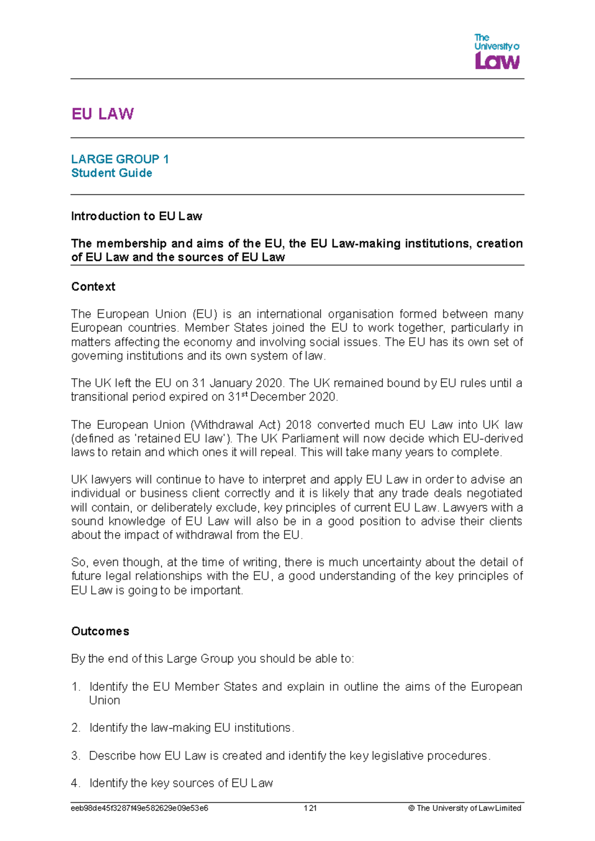 LG 1 - notes - EU LAW LARGE GROUP 1 Student Guide Introduction to EU ...
