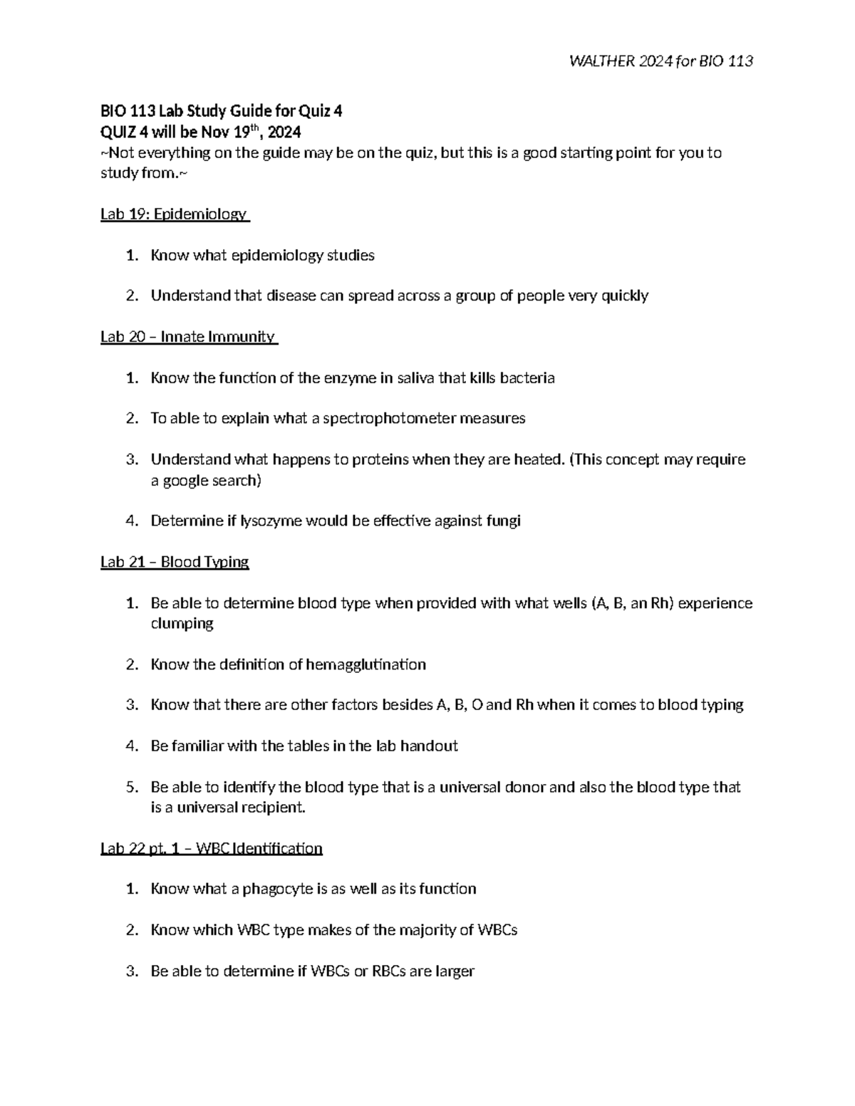 BIO 113 Lab Study Guide for Quiz 4 - Fall 2024 - Studocu