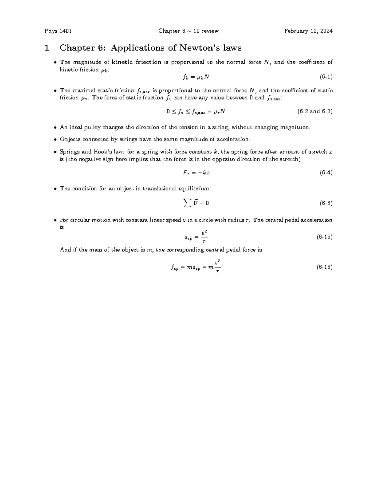 Phys 1401 Chapter 6-10 Review: Key Concepts and Practice Problems - Studocu