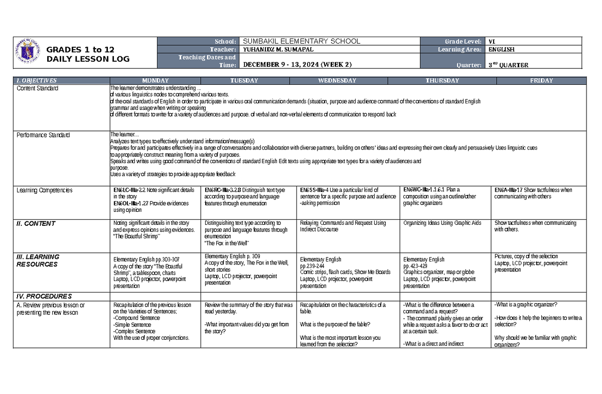 DLL English 6 Q3 W2: Daily Lesson Log for Grades 1-12 - Studocu