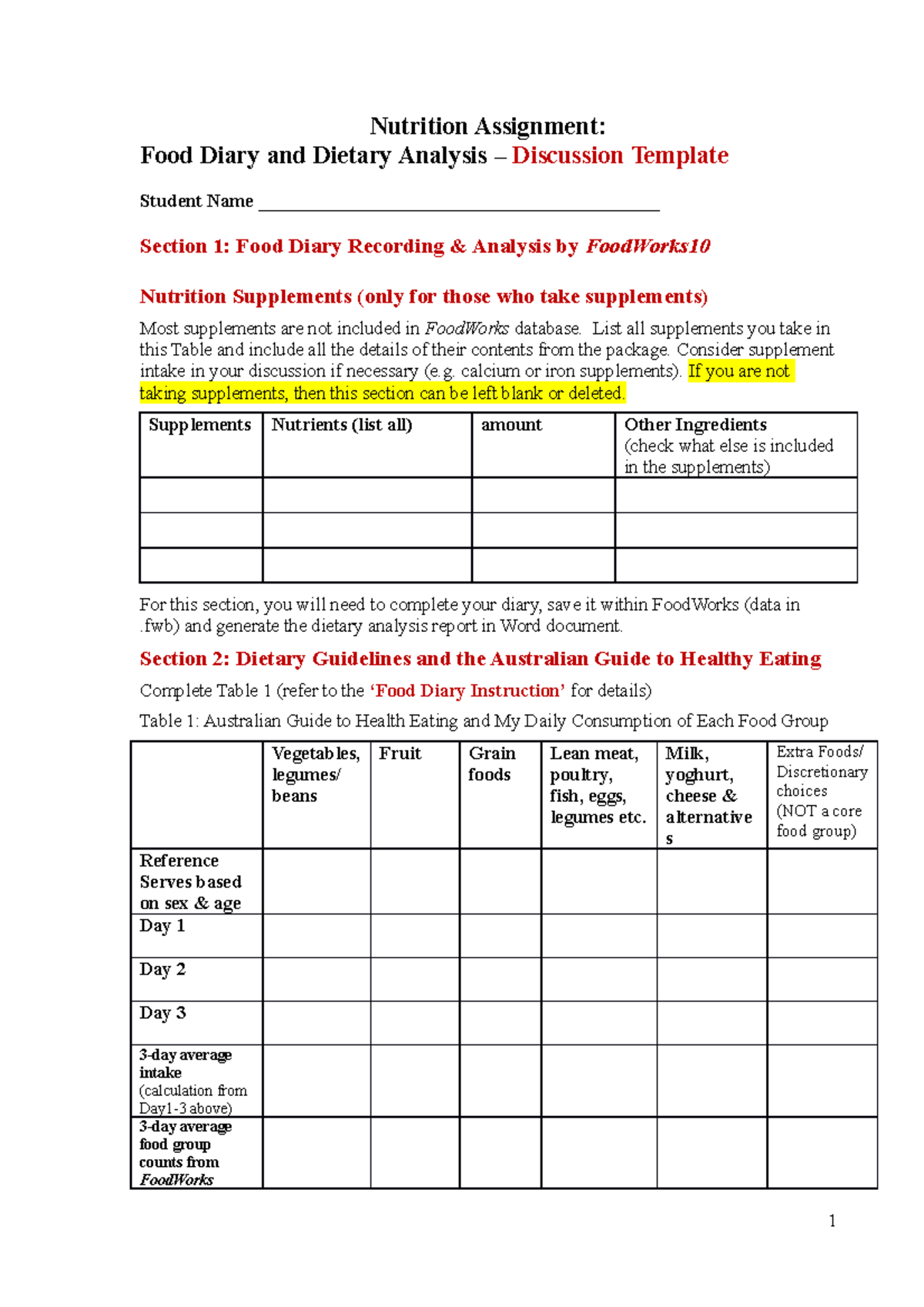 Nutrition 101: Food Diary and Dietary Analysis Discussion Template ...