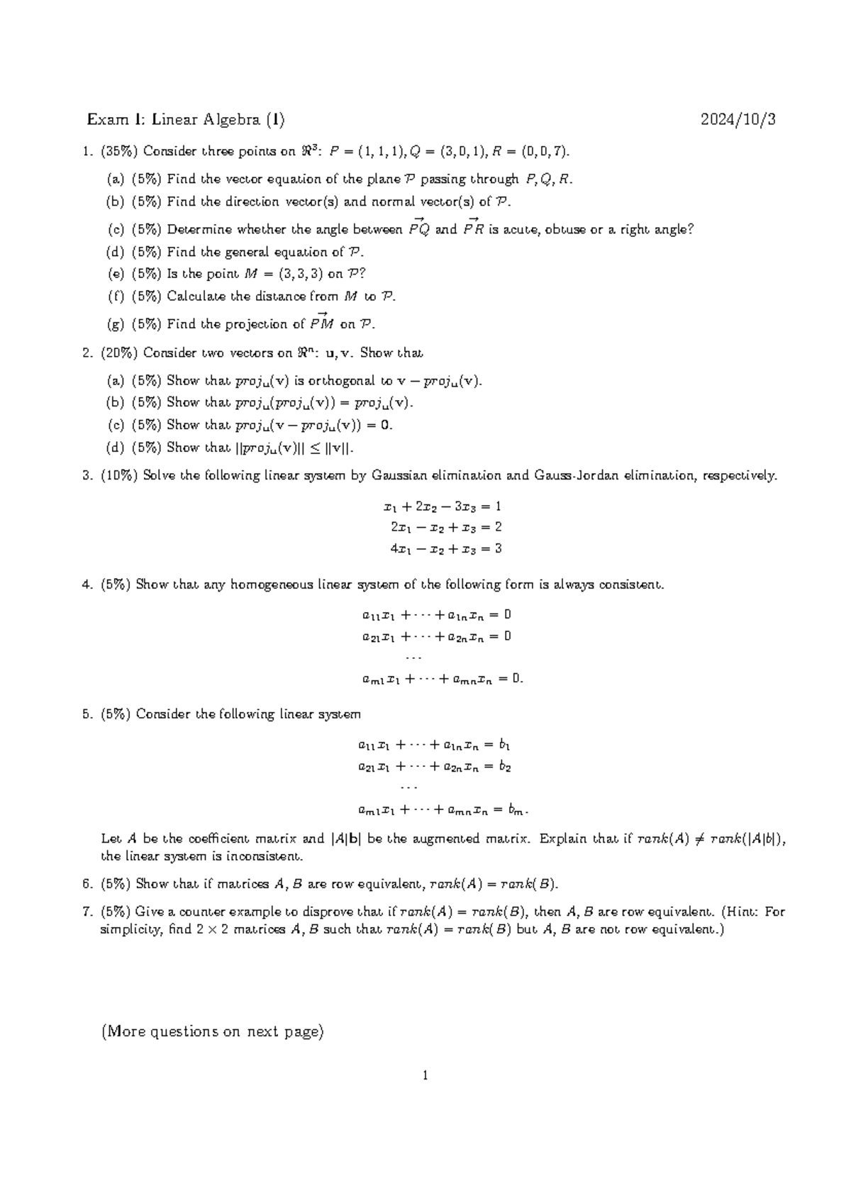 LA Exam1 - Linear Algebra Practice (I) 2024 - Studocu